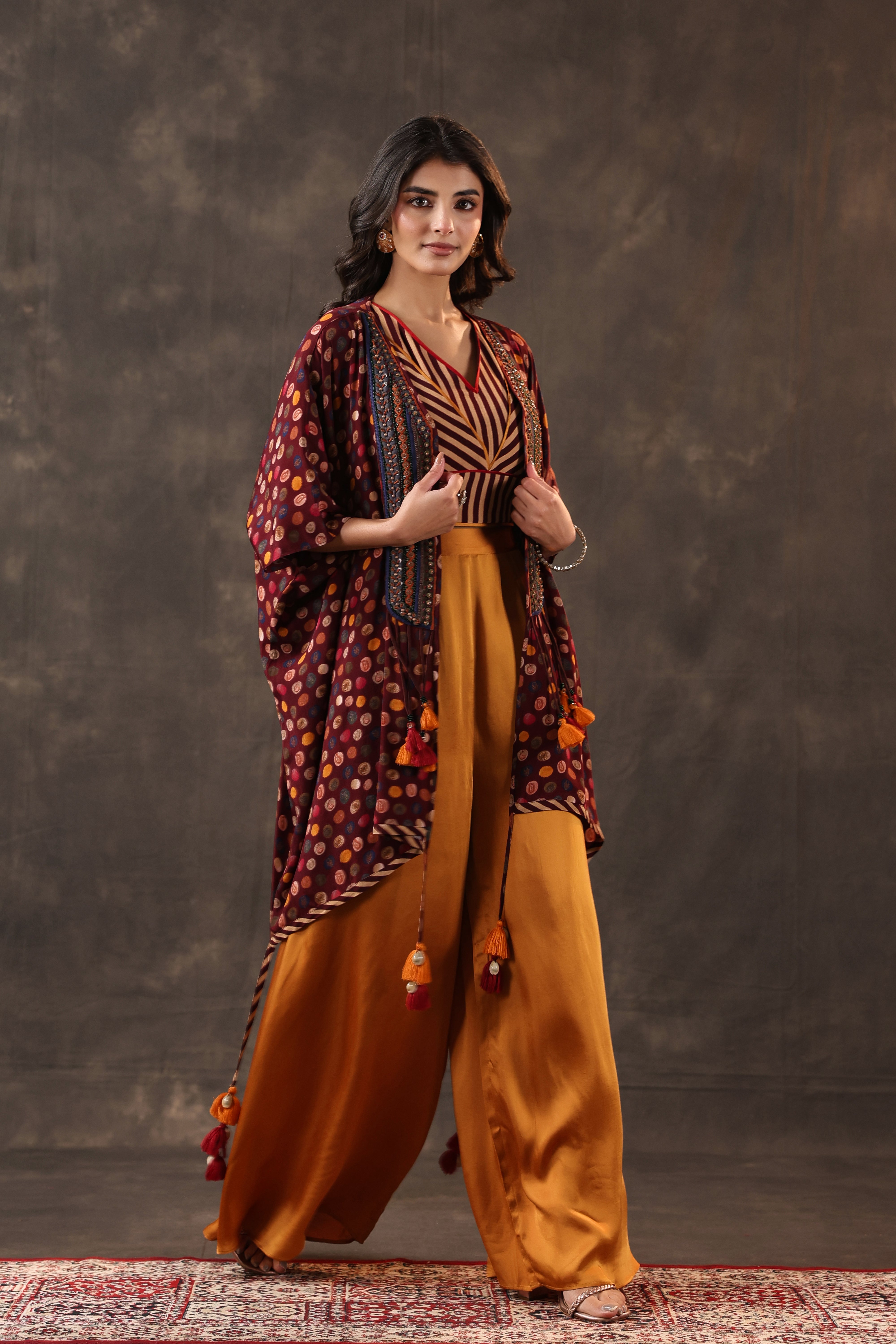 Maroon & Mustard Embellished Crepe Silk Cape Set