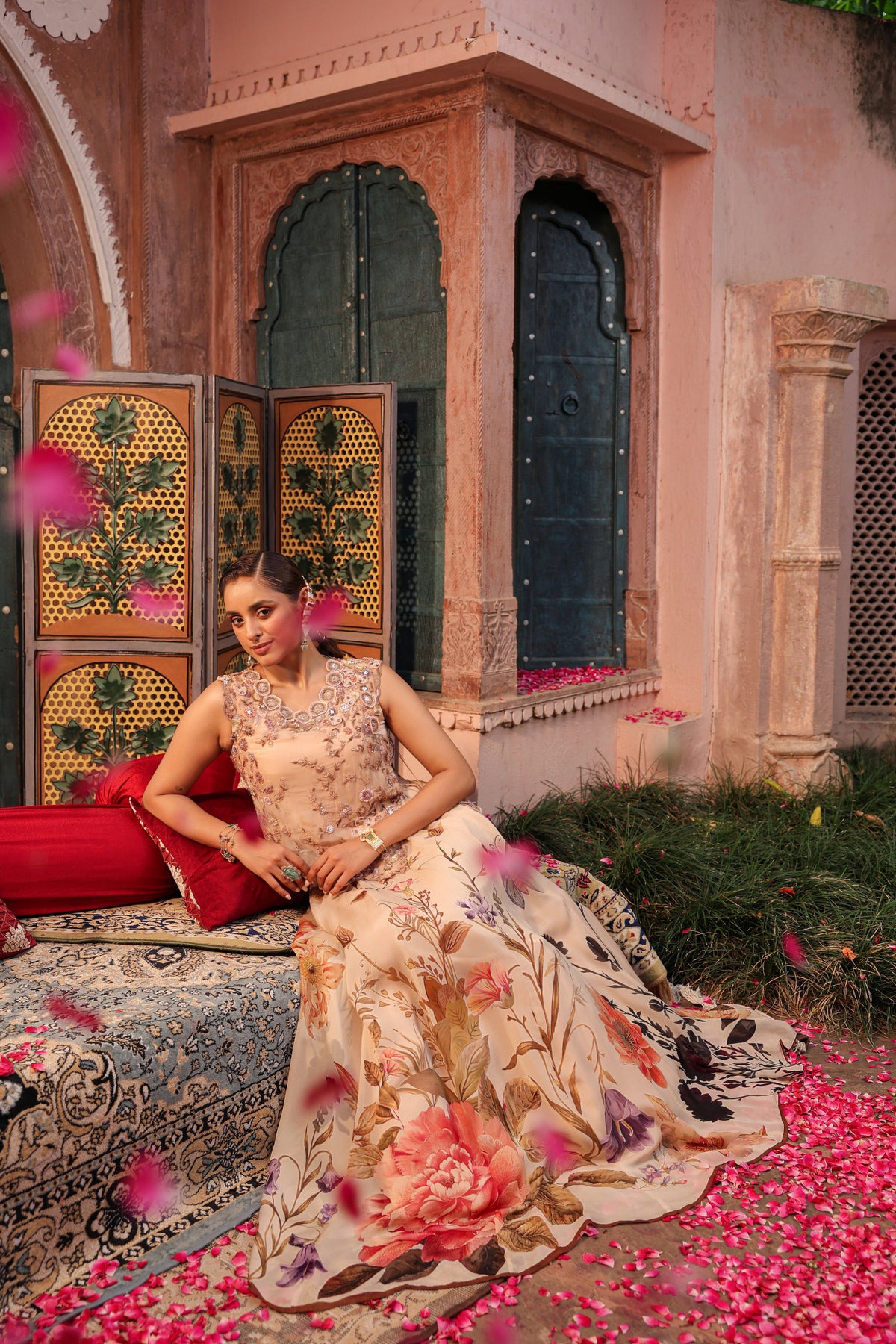 Dusty Nude Embellished Organza Silk Cape Lehenga Set