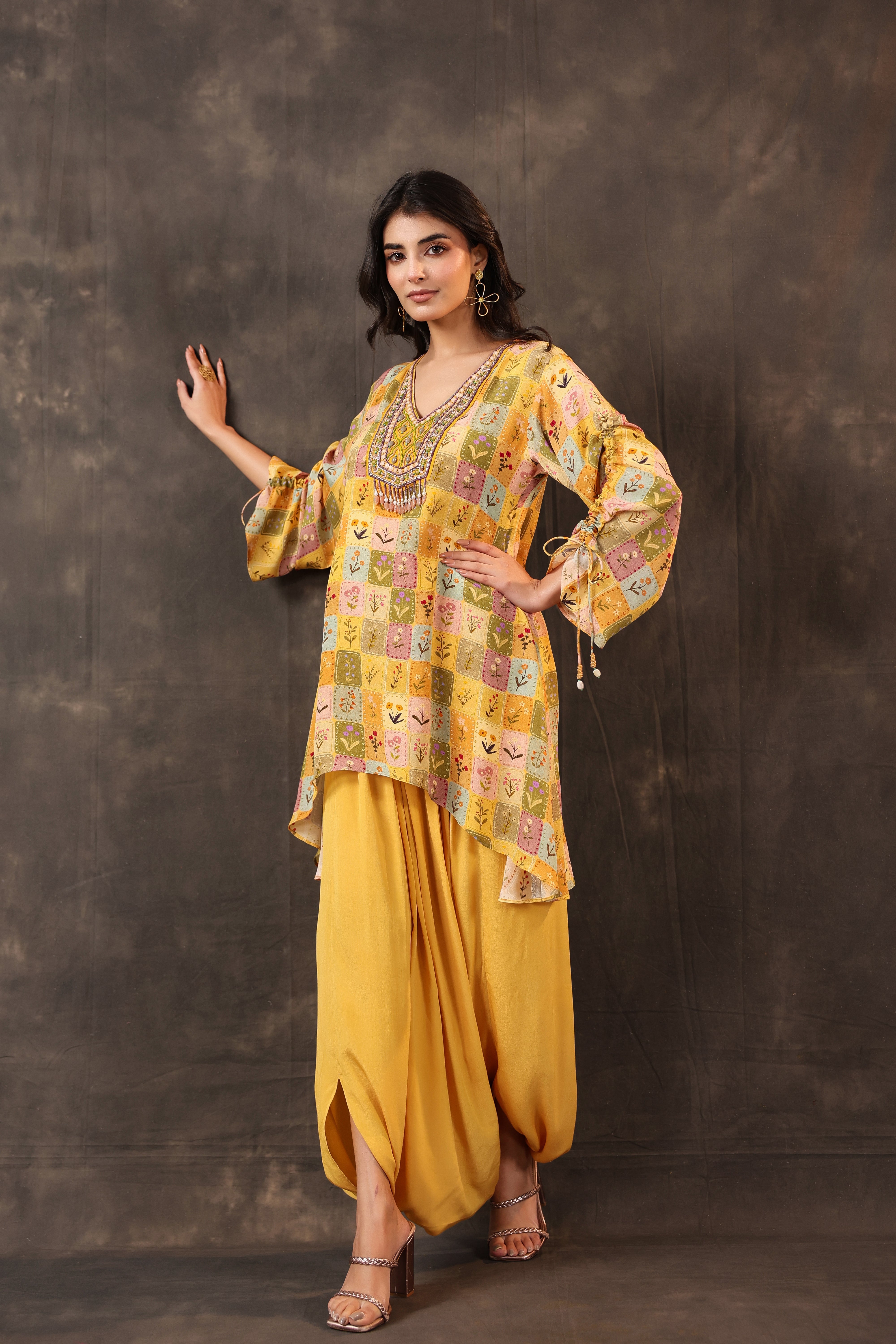 Bright Yellow Printed Crepe Silk Dhoti Set