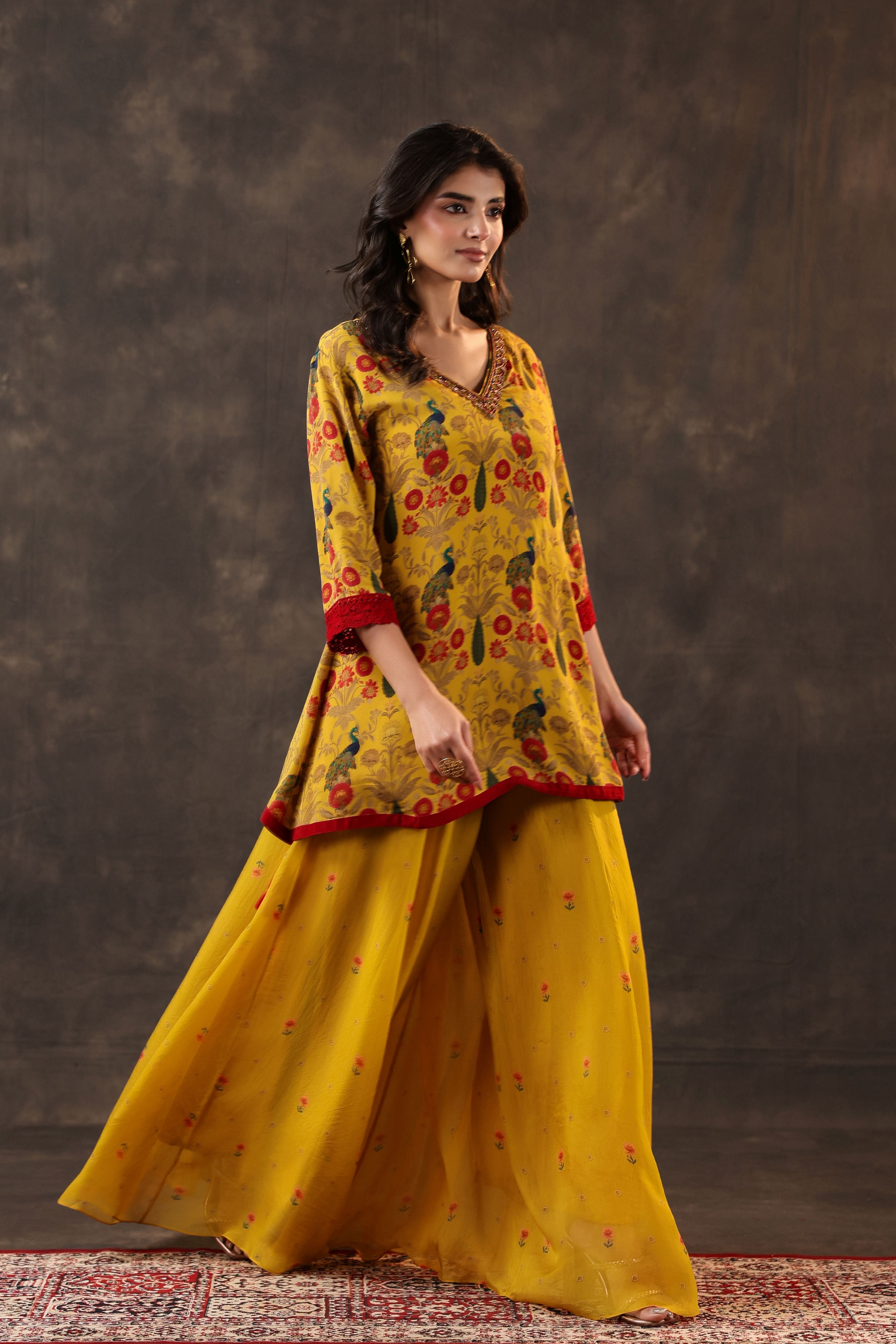 Marigold Peacock Printed Crepe Silk Palazzo Set