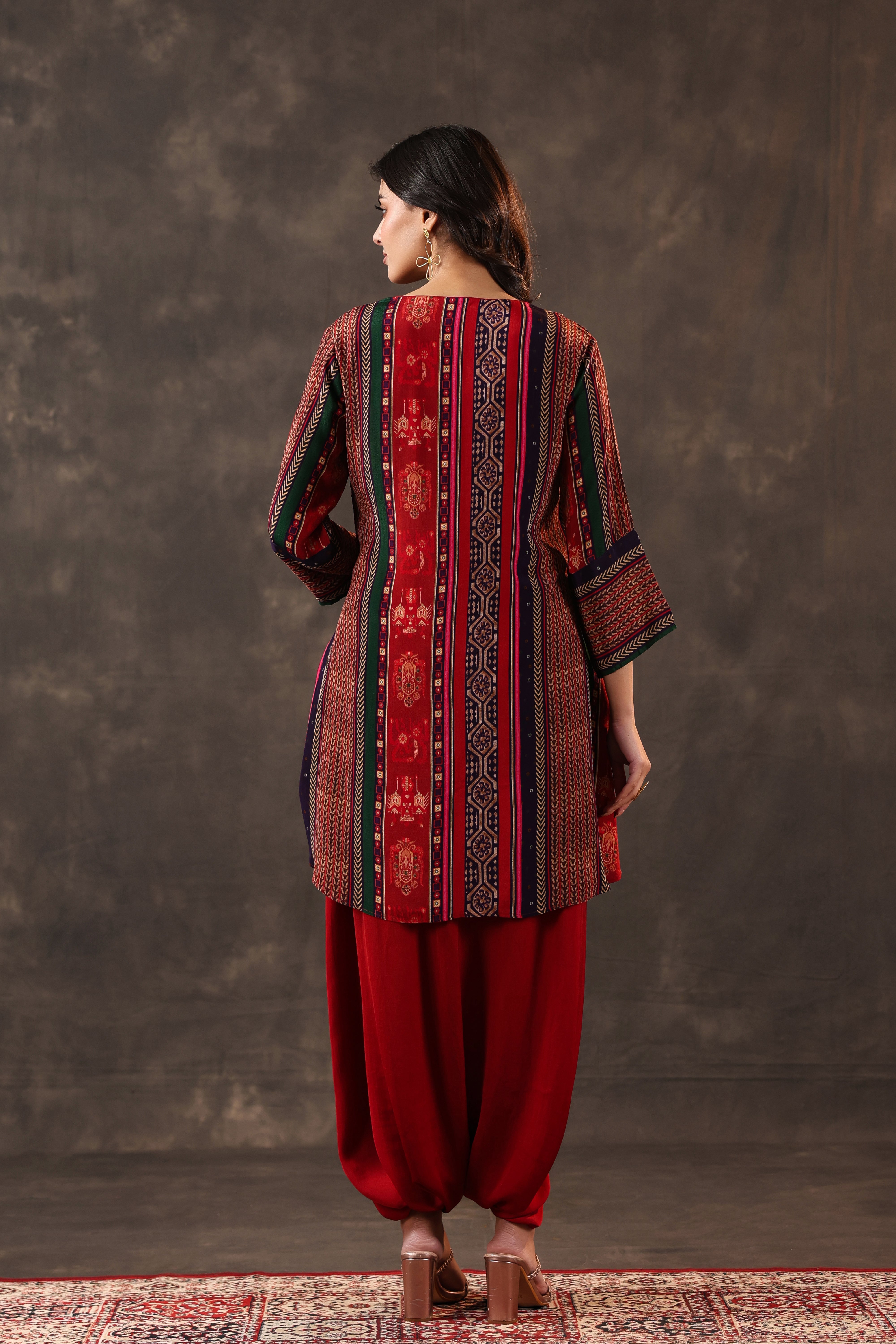 Garnet Tribal Printed Crepe Silk Dhoti Set