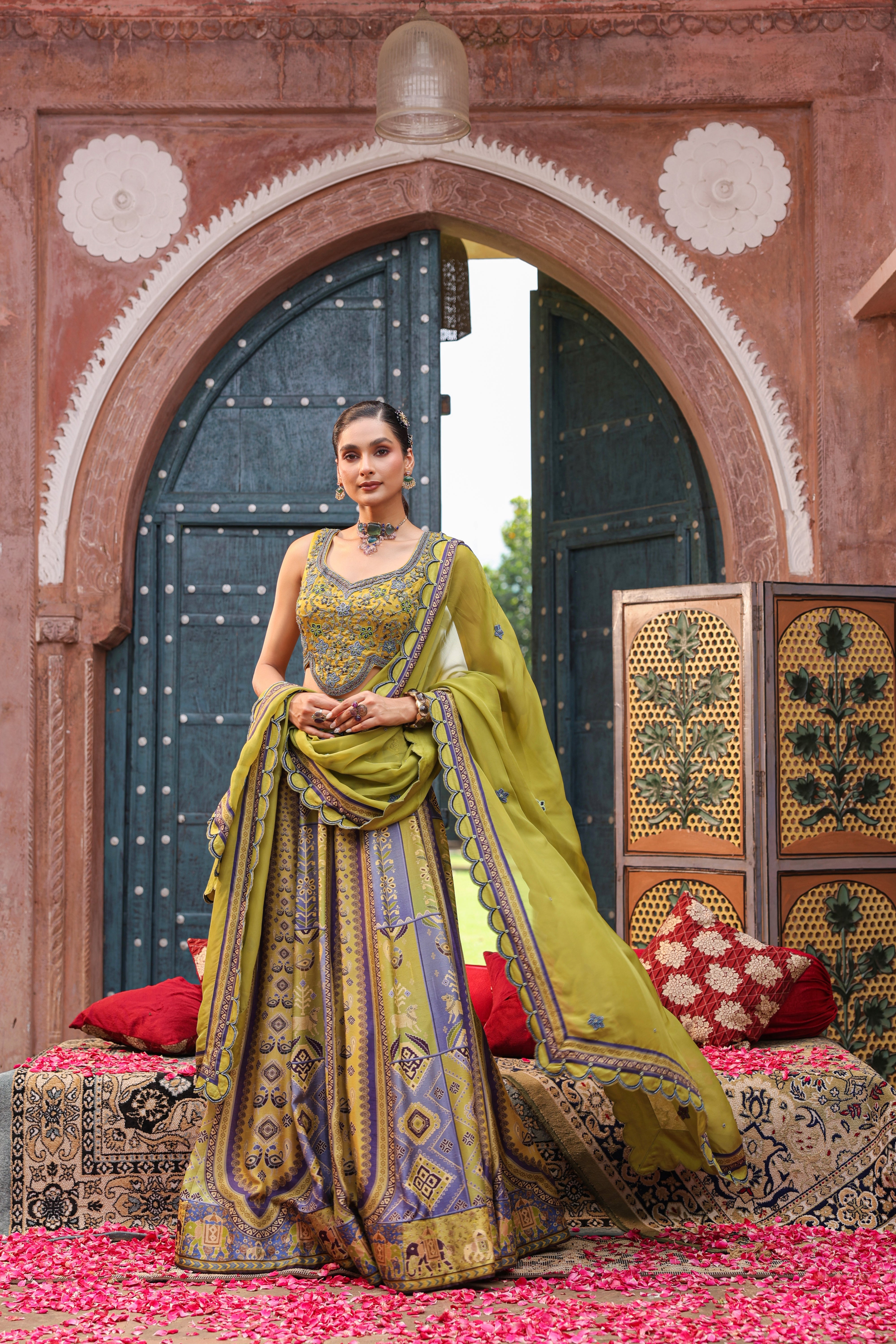 Mehendi Green Embellished Raw Silk Lehenga Set