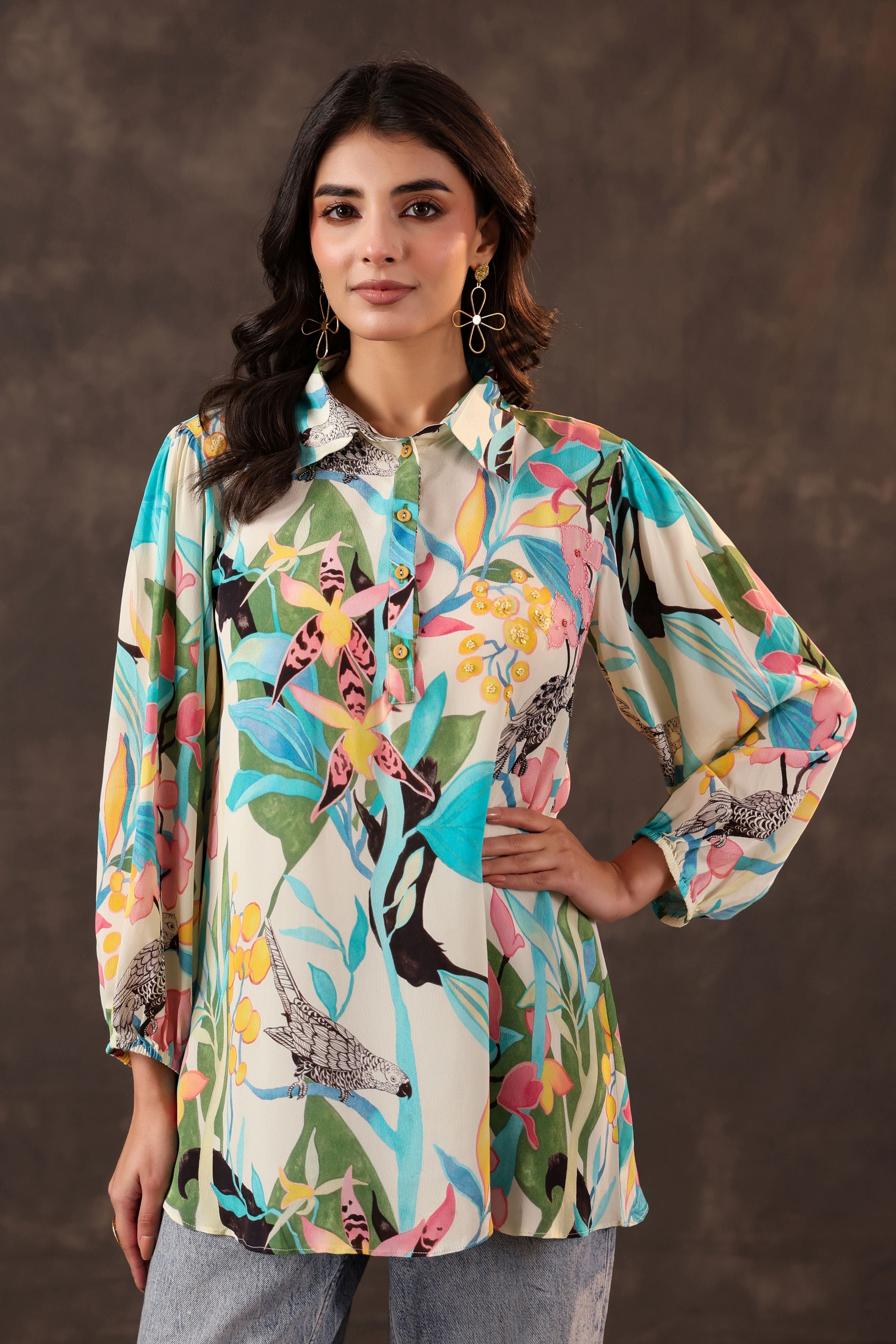 Azure Paradise Printed Crepe Silk Top