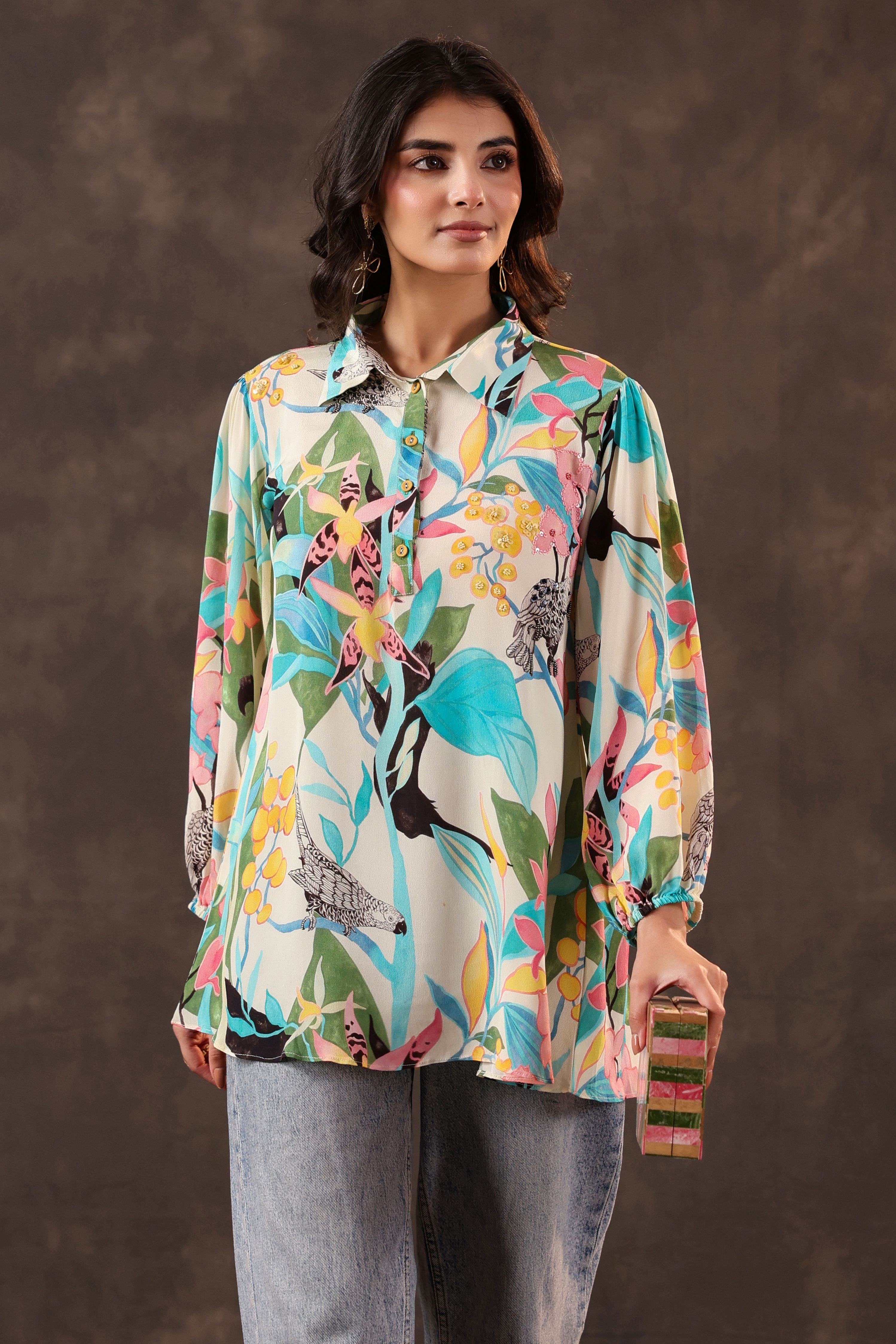 Azure Paradise Printed Crepe Silk Top