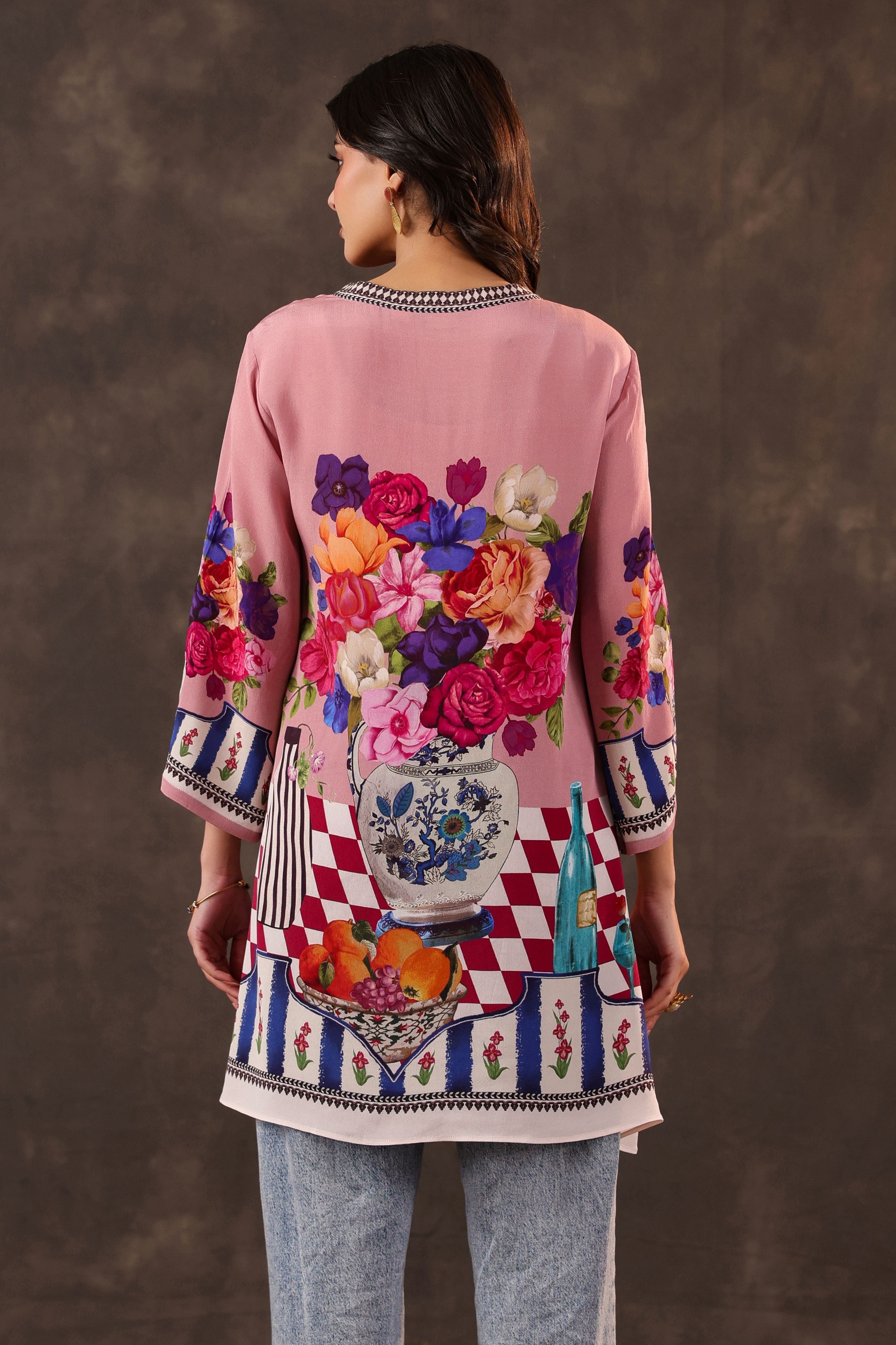 Rosy Still-Life Printed Crepe Silk Top