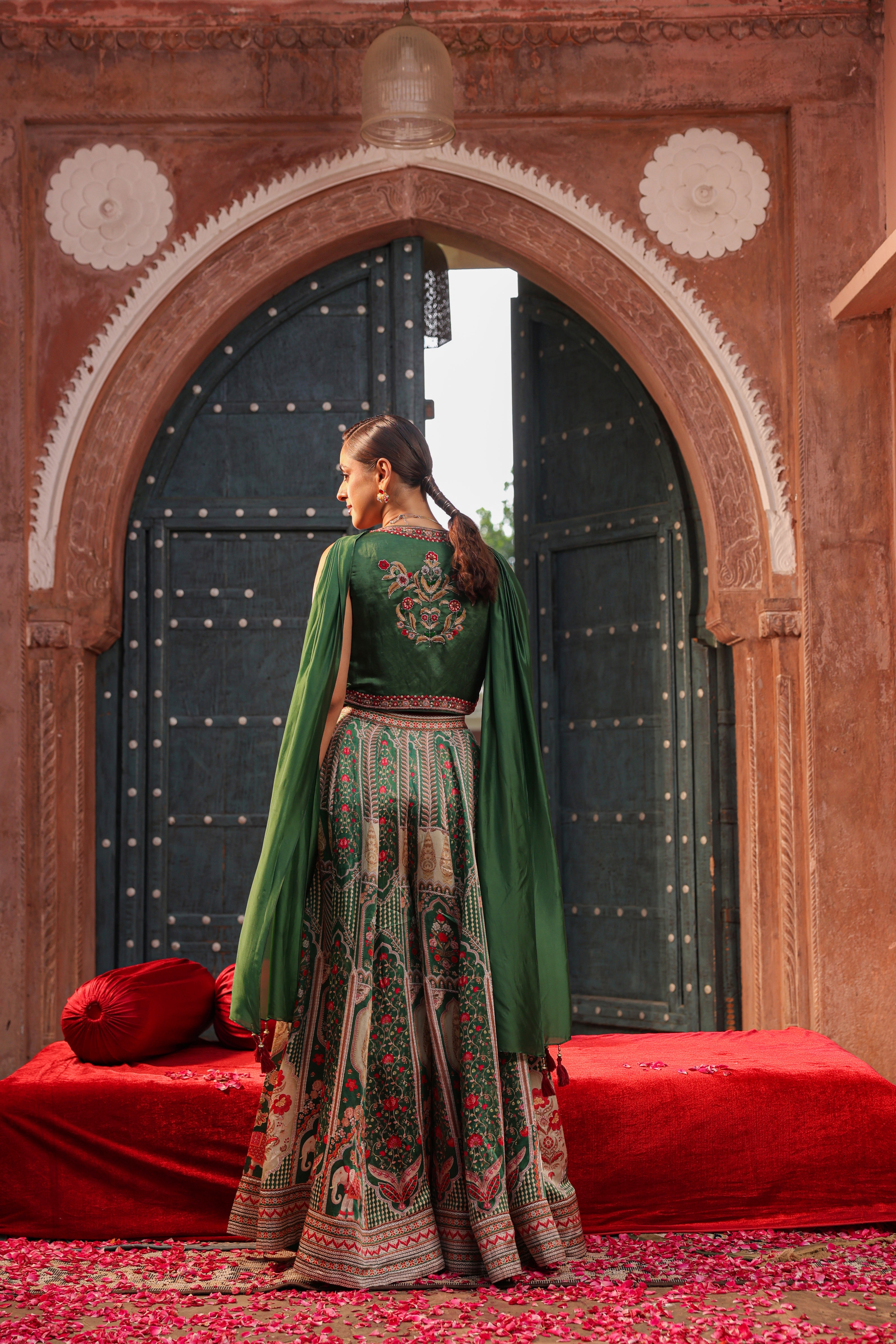 Deep Green Embellished Raw Silk Palazzo Set