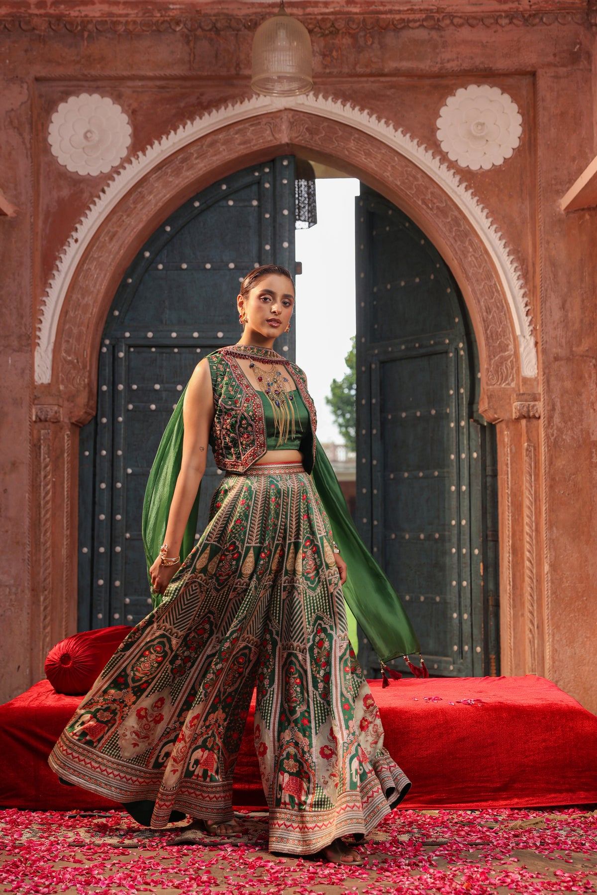 Deep Green Embellished Raw Silk Palazzo Set
