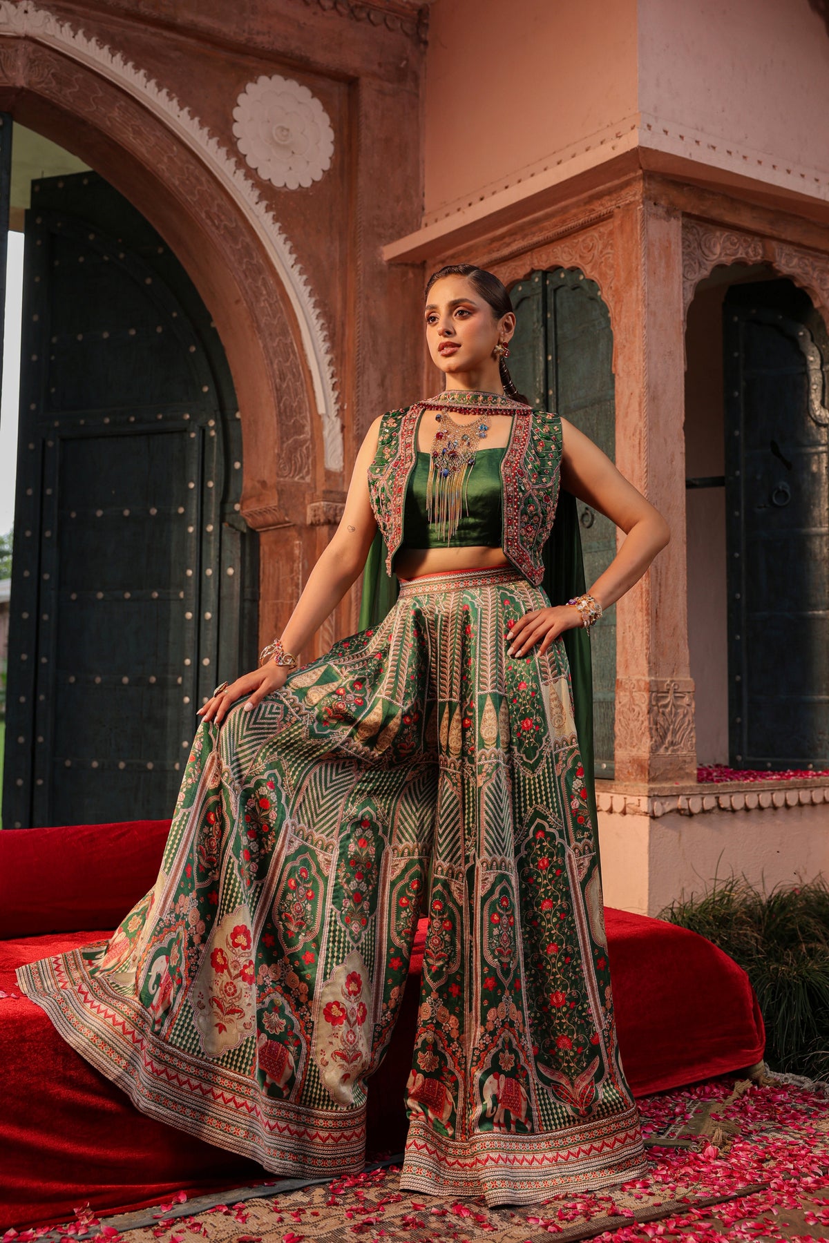 Deep Green Embellished Raw Silk Palazzo Set