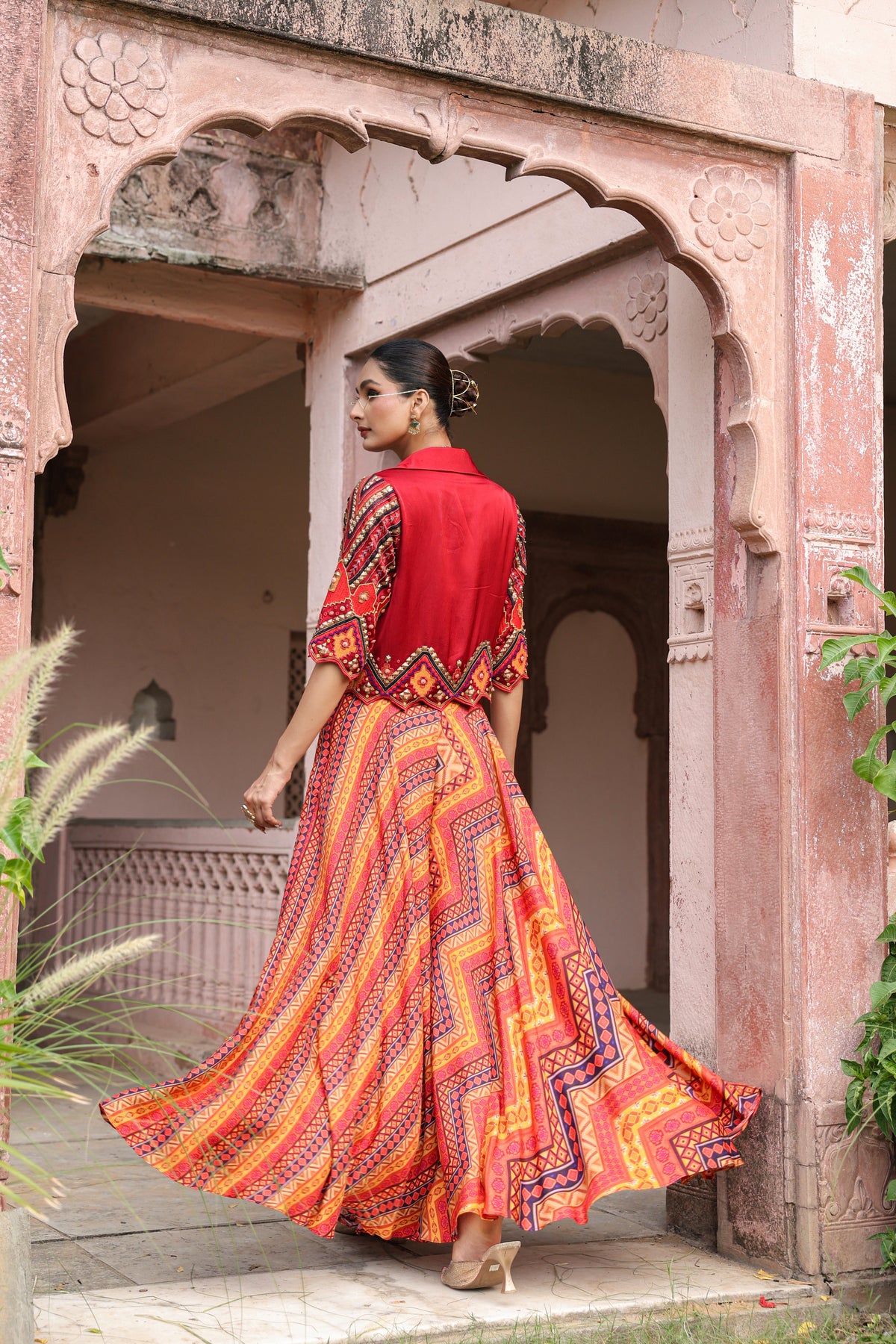 Sunburnt Orange Embellished Raw Silk Palazzo Set