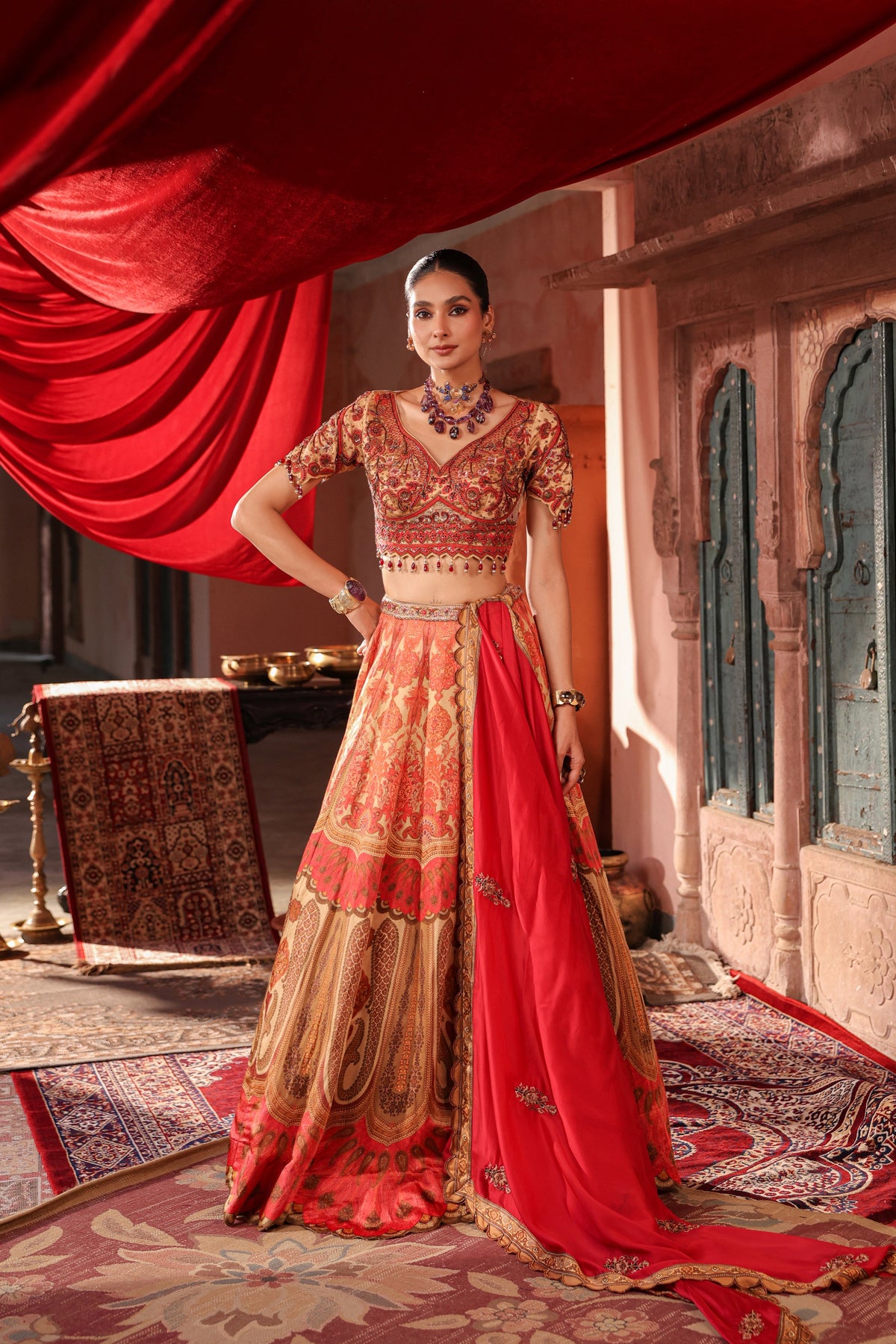 Coral Gold Embellished Raw Silk Lehenga Set