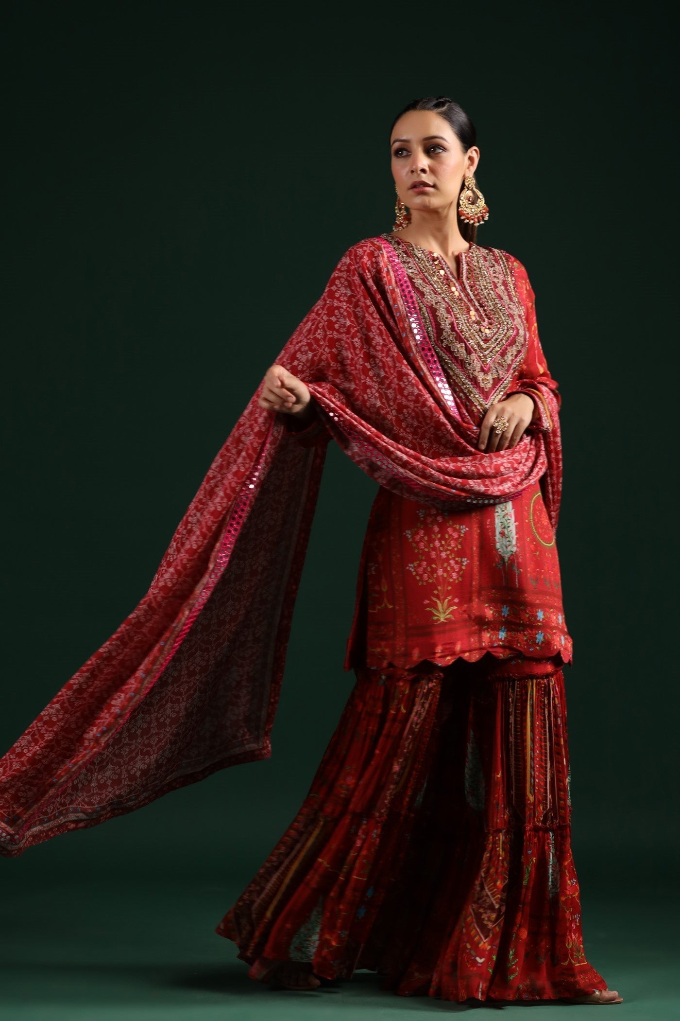Ruby Red Wrinkled Chinon Silk Printed Sharara Set