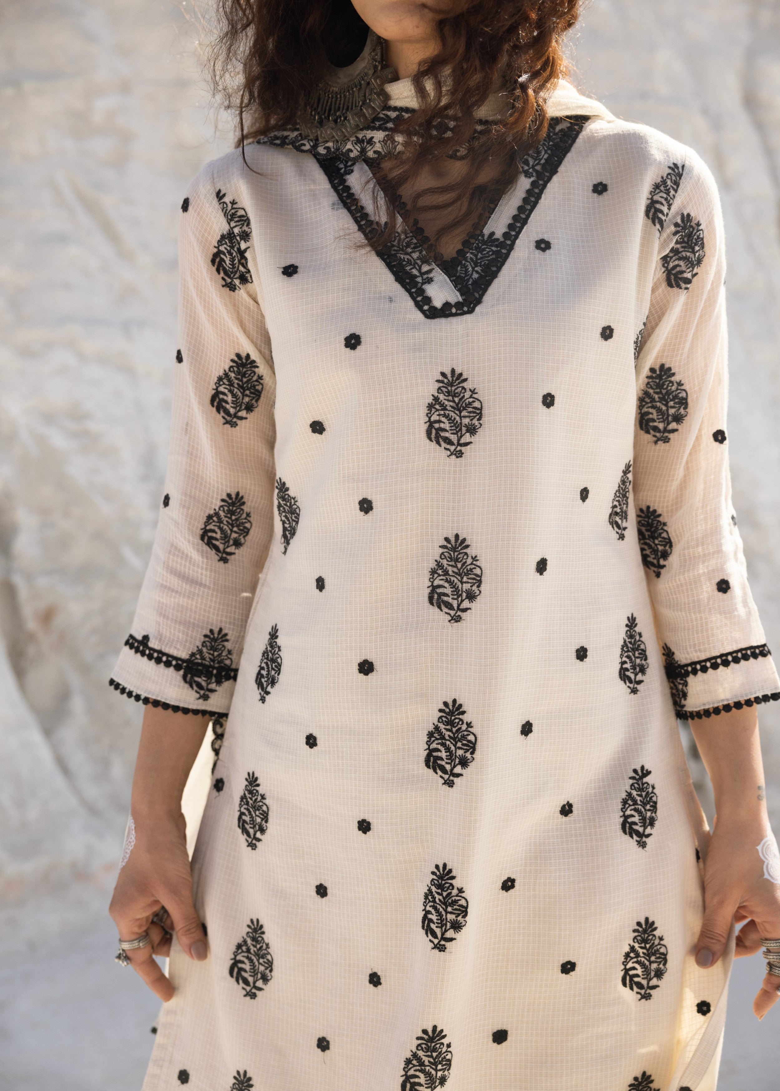 Ivory Embroidered Kota Doria Pant Set