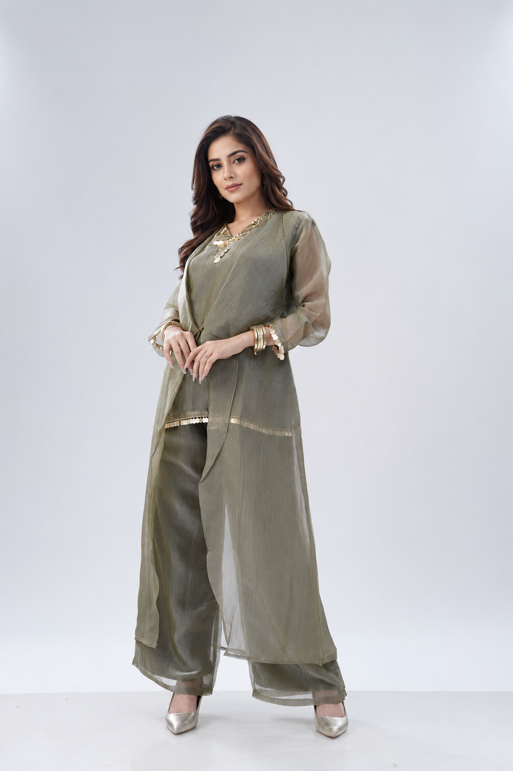Misty Olive Embellished Organza Silk Co-Ord Set