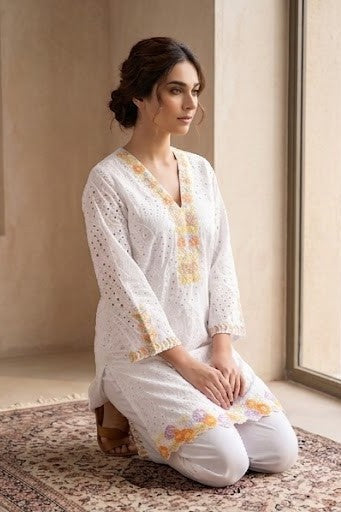Crisp White Schiffli Embroidered Cotton Kurta Set