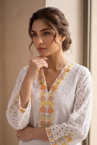 Crisp White Schiffli Embroidered Cotton Kurta Set