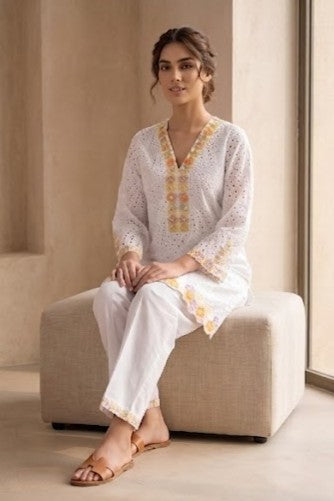 Crisp White Schiffli Embroidered Cotton Kurta Set