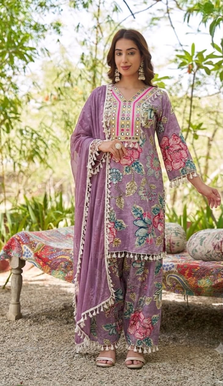 Lilac Blossom Embellished Cotton Pant Set