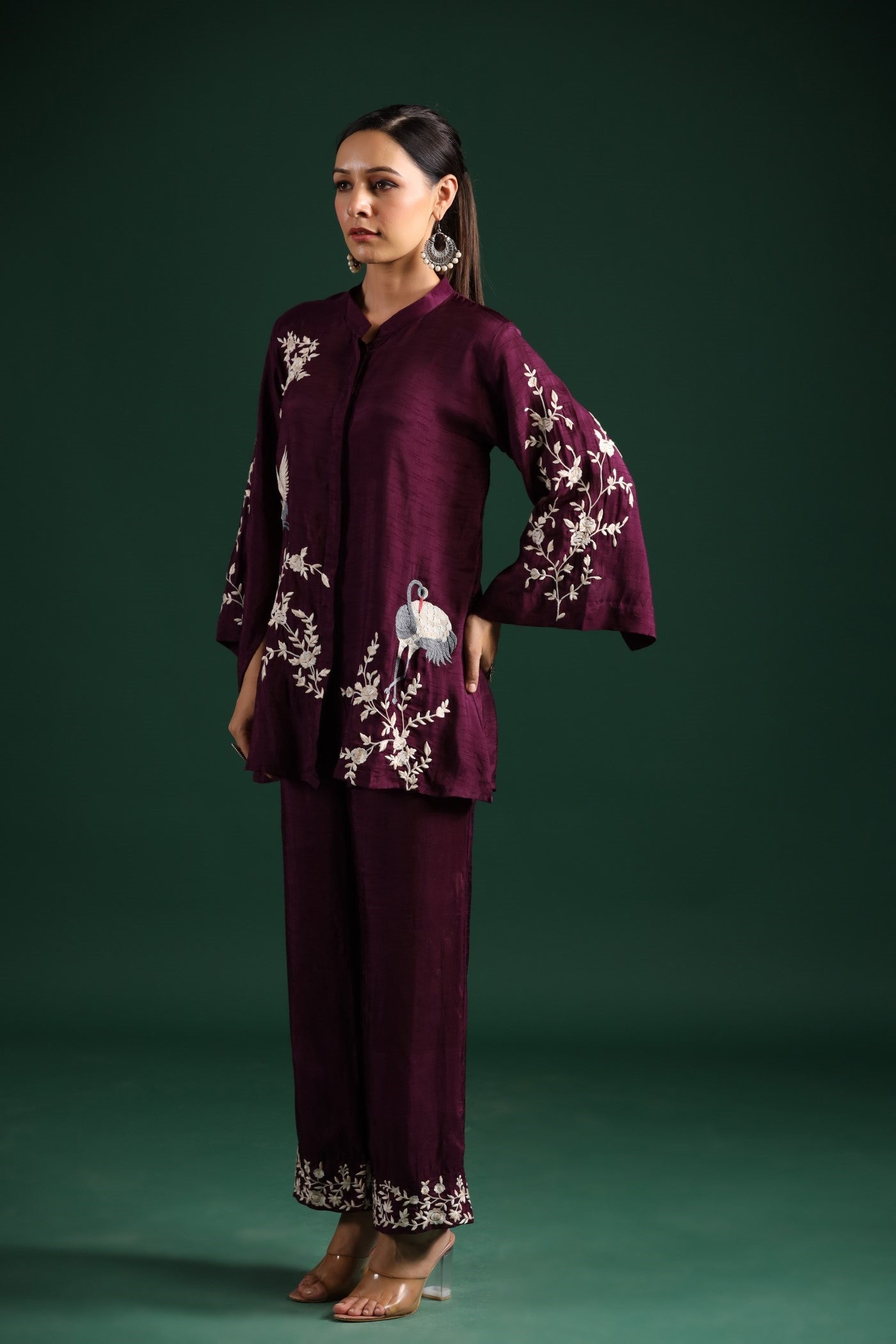 Wine Floral Embroidered Co-Ord Set