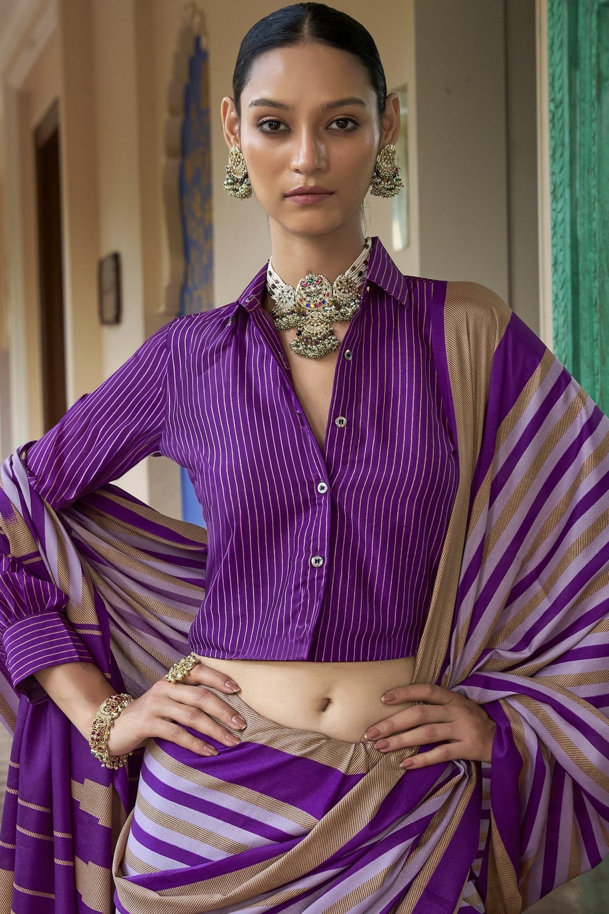 Royal Violet Printed Crepe Silk Saree