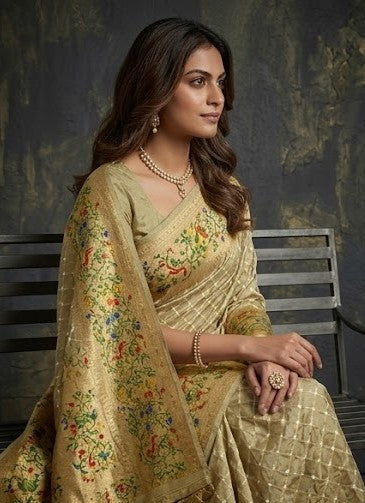 Beige Gold Bandhej Printed Premium Silk Saree