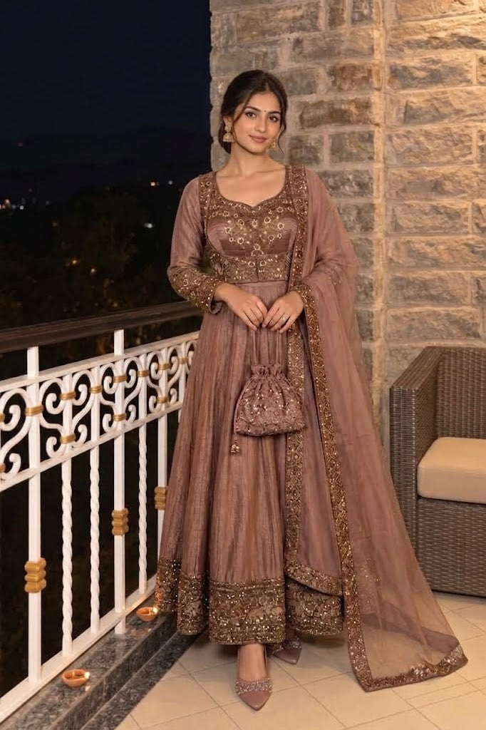 Rose Gold Embellished Tissue Silk Anarkali Set