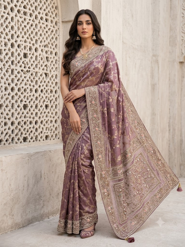 Lilac Embellished Banarasi Tissue Silk Saree
