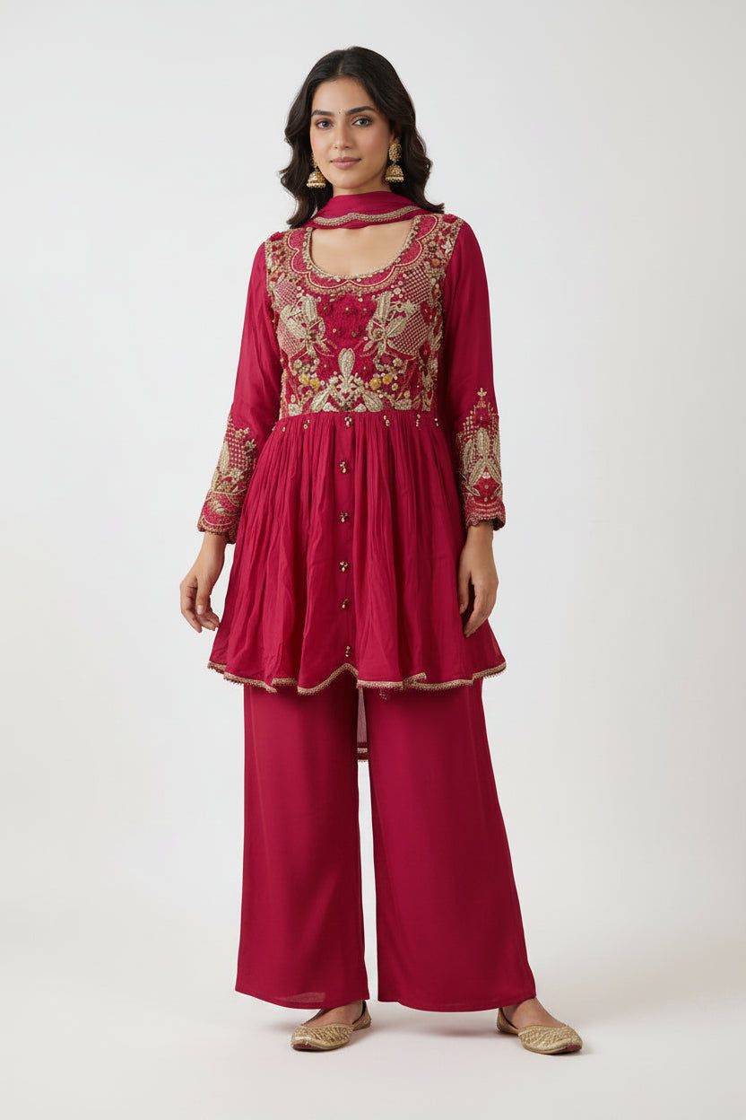 Magenta Pink Embellished Chinon Silk Palazzo Set