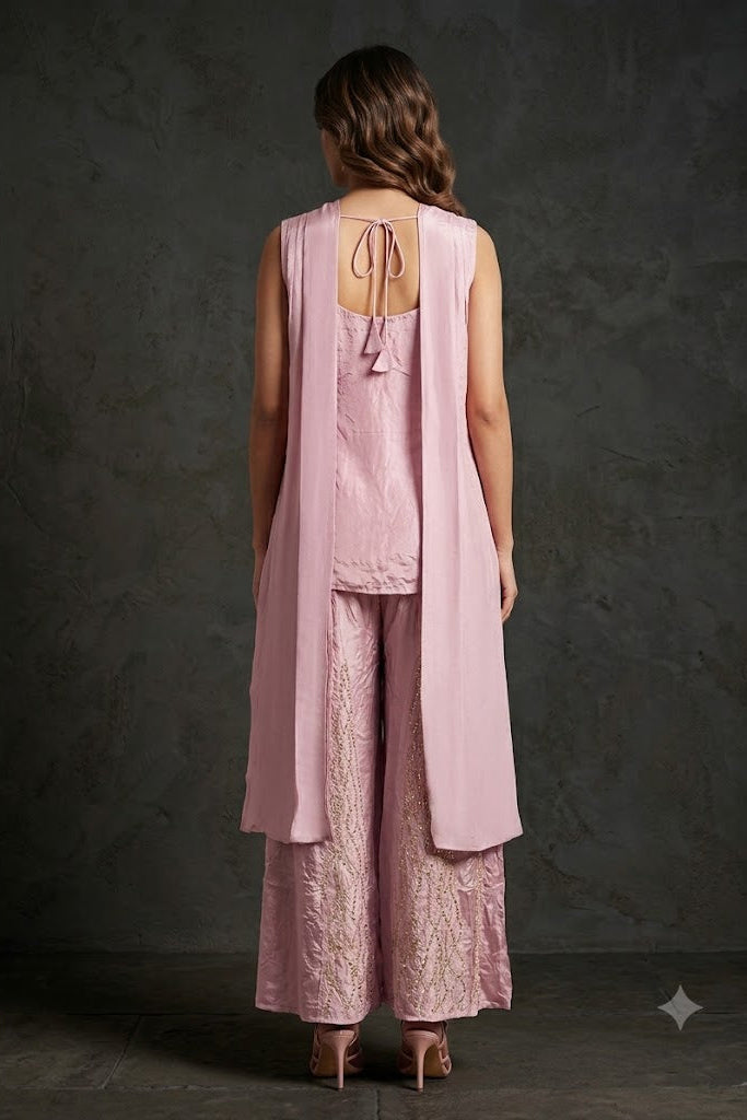 Bubblegum Pink Embellished Crepe Silk Palazzo Set