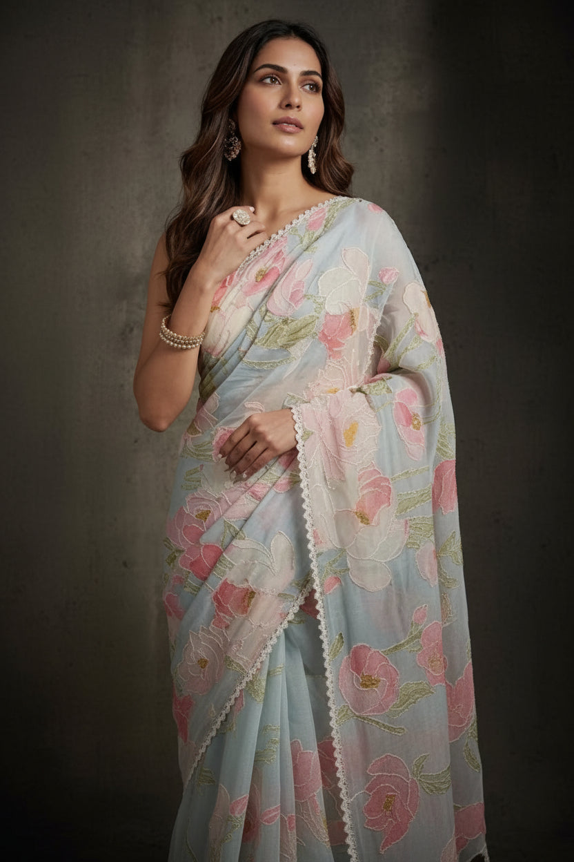 Ice Blue Embroidered Georgette Silk Saree