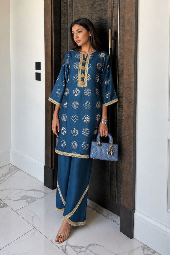 Teal Blue Embroidered Premium Silk Co-Ord Set