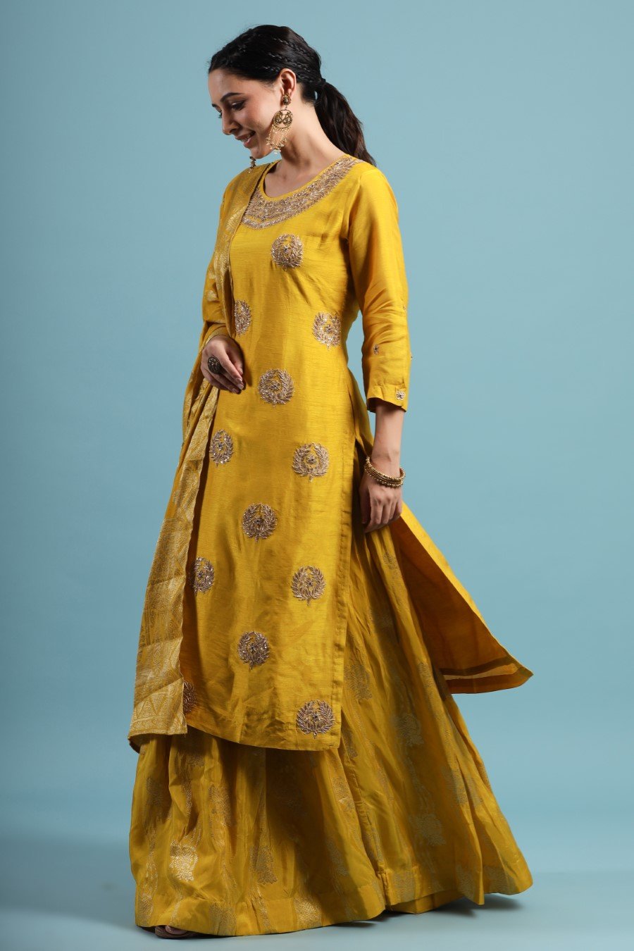 Bright Yellow Gota Patti Kurta & Skirt Set