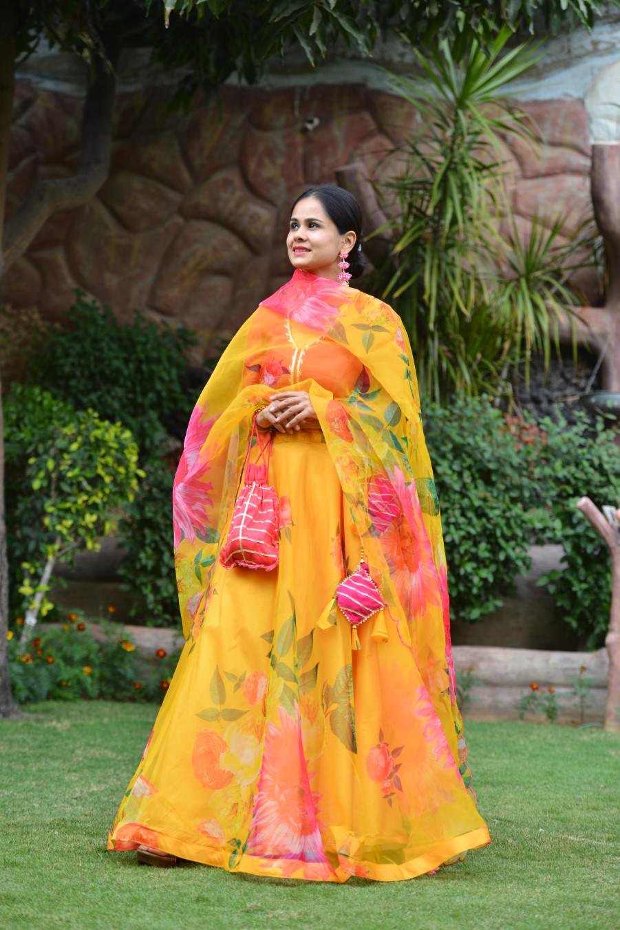 Mustard Floral Organza Silk Lehenga Set