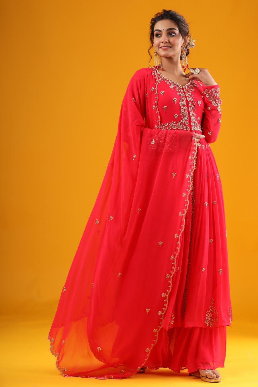 Cherry Pink Hand Embroidered Kurta & Palazzo With Dupatta