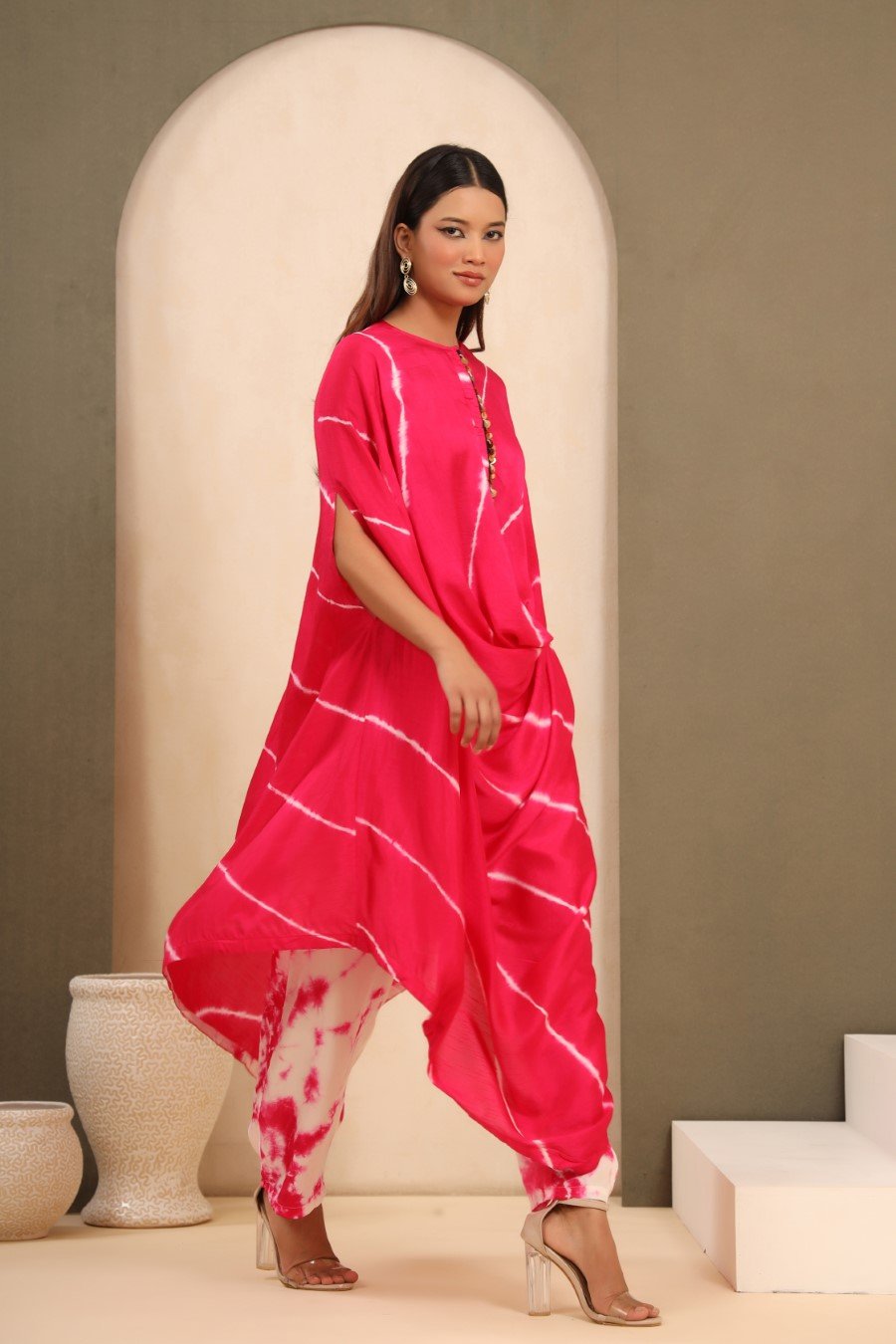 Hot Pink Leheriya Tie-Dyed Kaftan with Pants