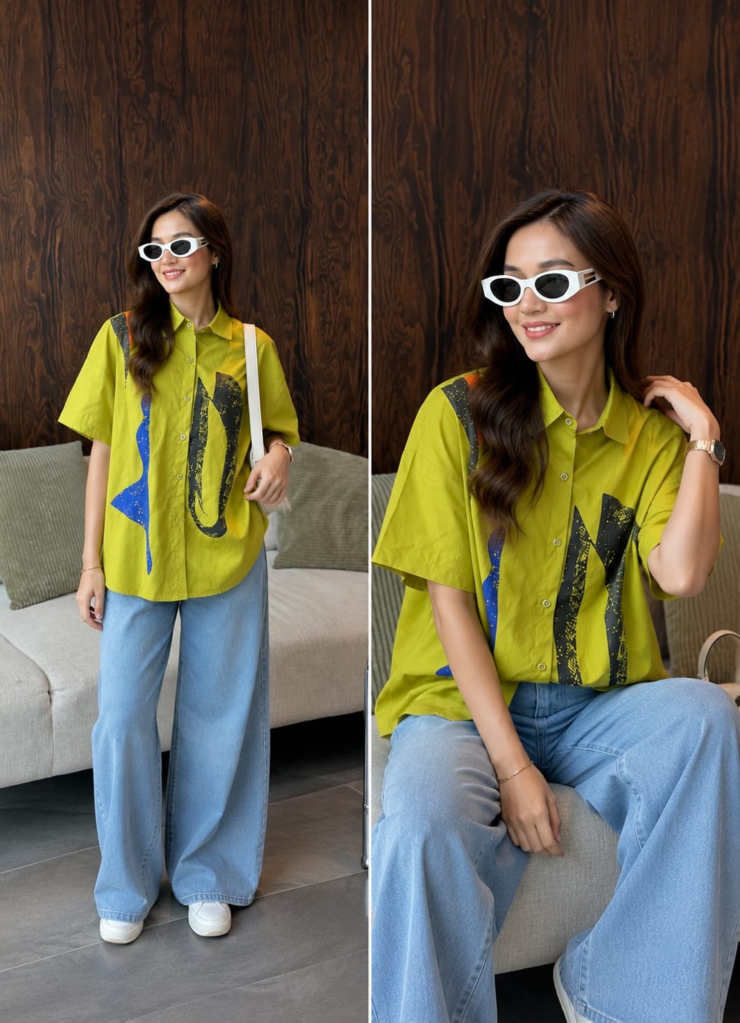 Chartreuse Green Abstract Graphic Cotton Shirt