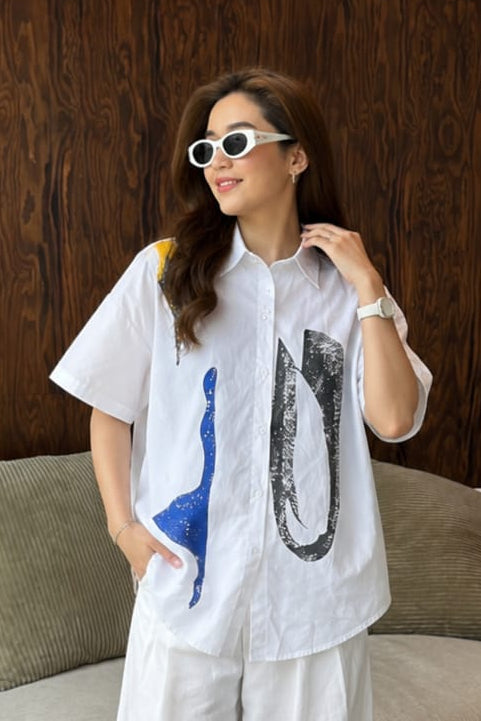Crisp White Abstract Graphic Cotton Shirt