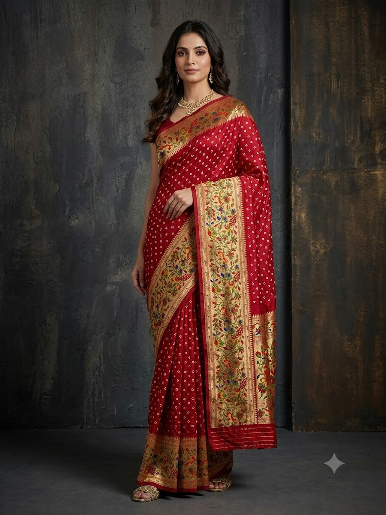 Royal Red Bandhej Printed Premium Silk Saree