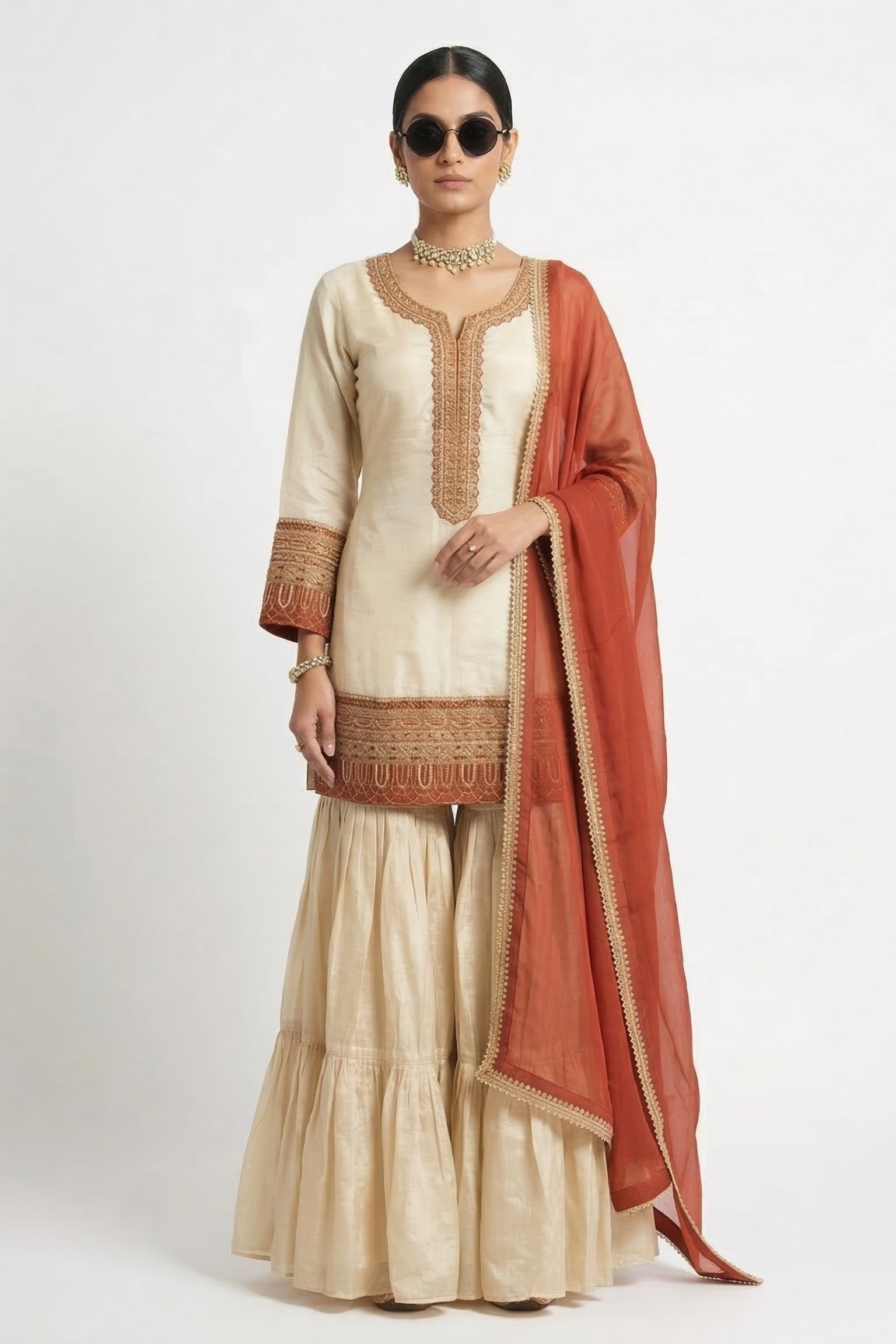Ivory Rust Embellished Shimmer Tissue Silk Sharara Set