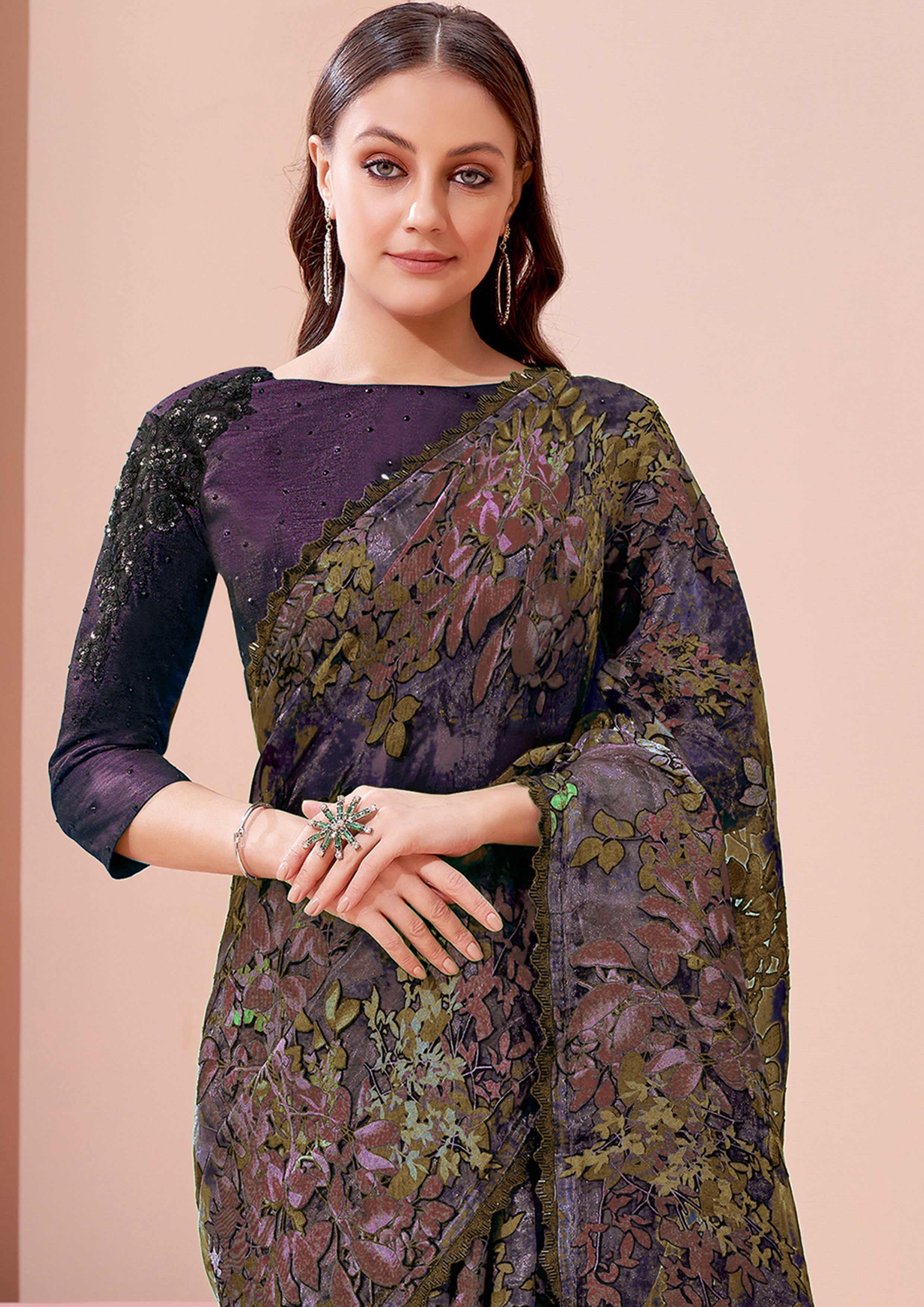 Deep Purple Embellished Premium Silk Saree