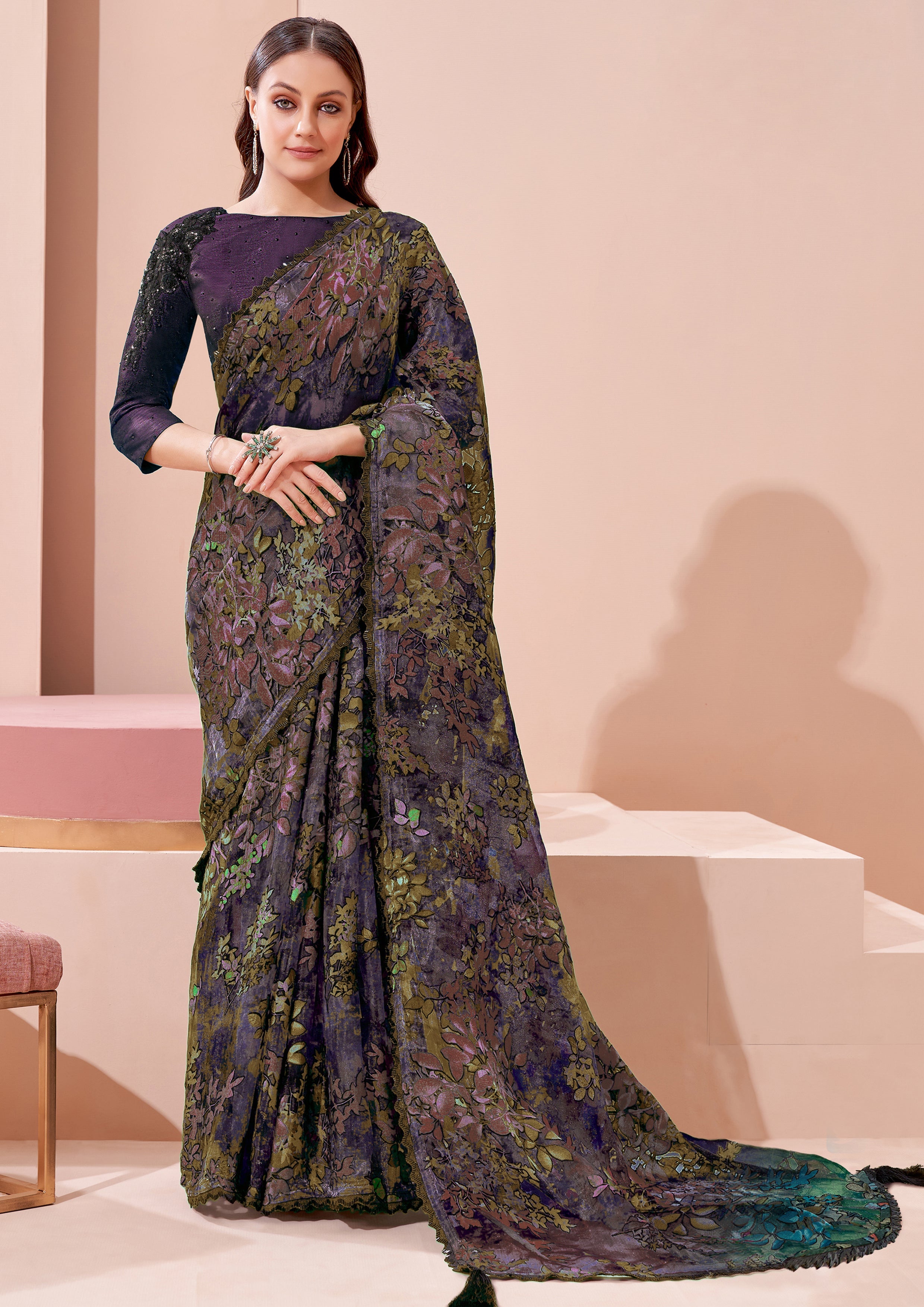 Deep Purple Embellished Premium Silk Saree