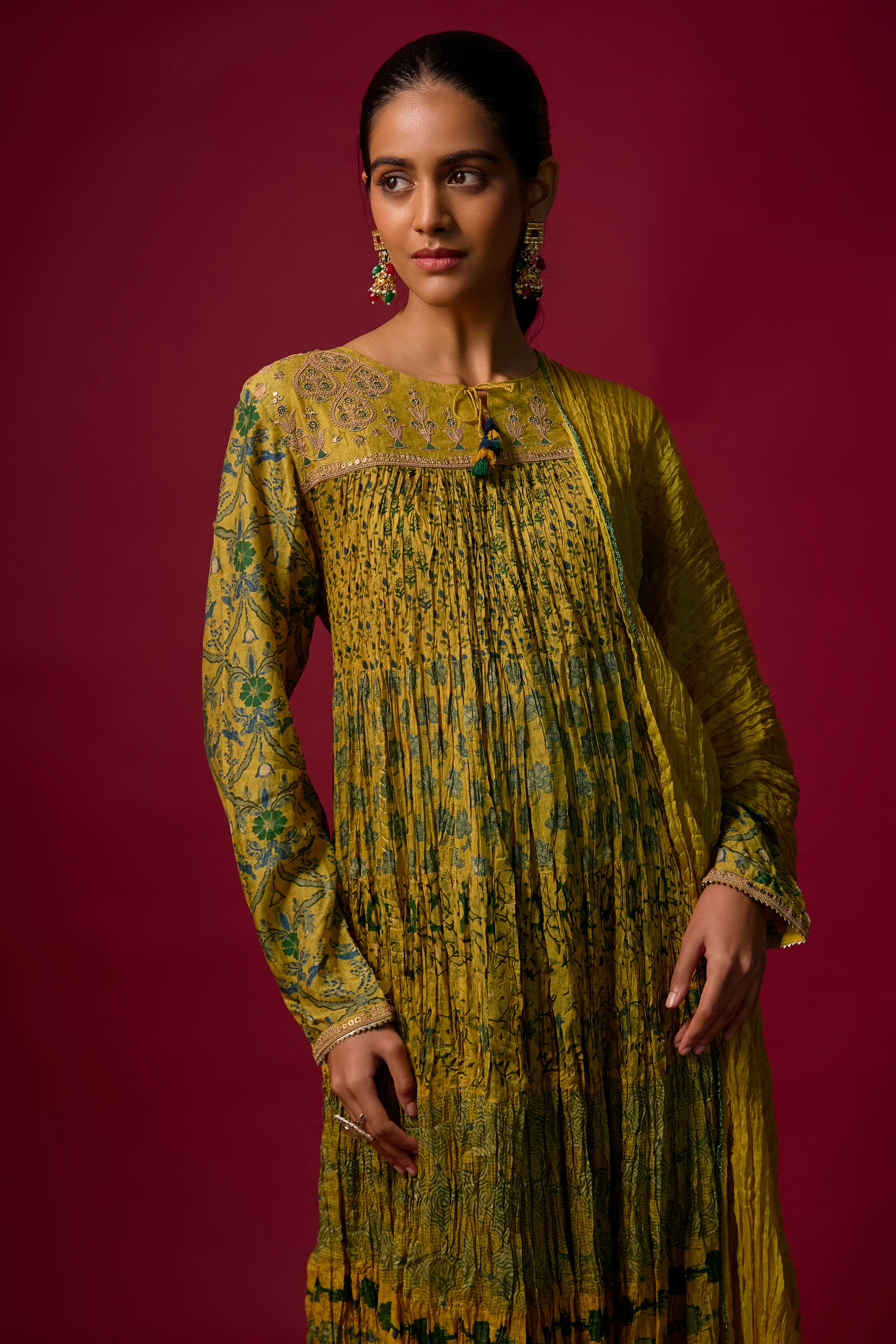 Mustard Yellow Printed Cotton Linen Anarkali Set
