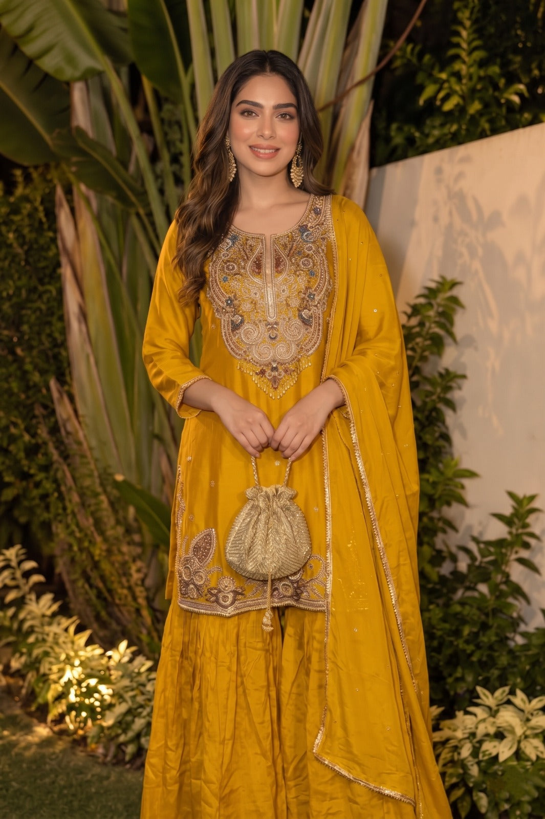 Yellow Sunflower Embellished Chinon Silk Palazzo Set