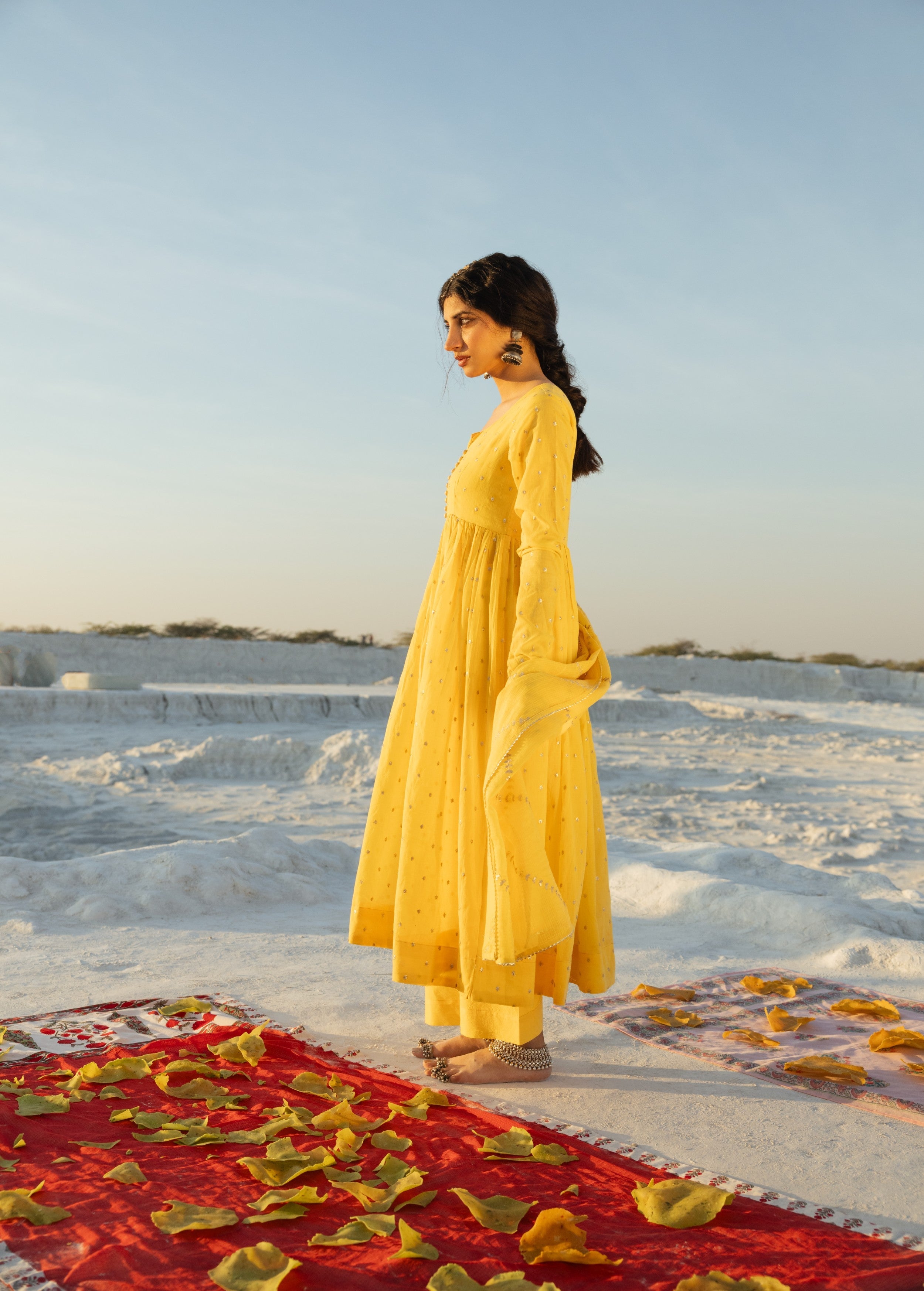 Bright Yellow Embellished Mul Cotton Anarkali Set
