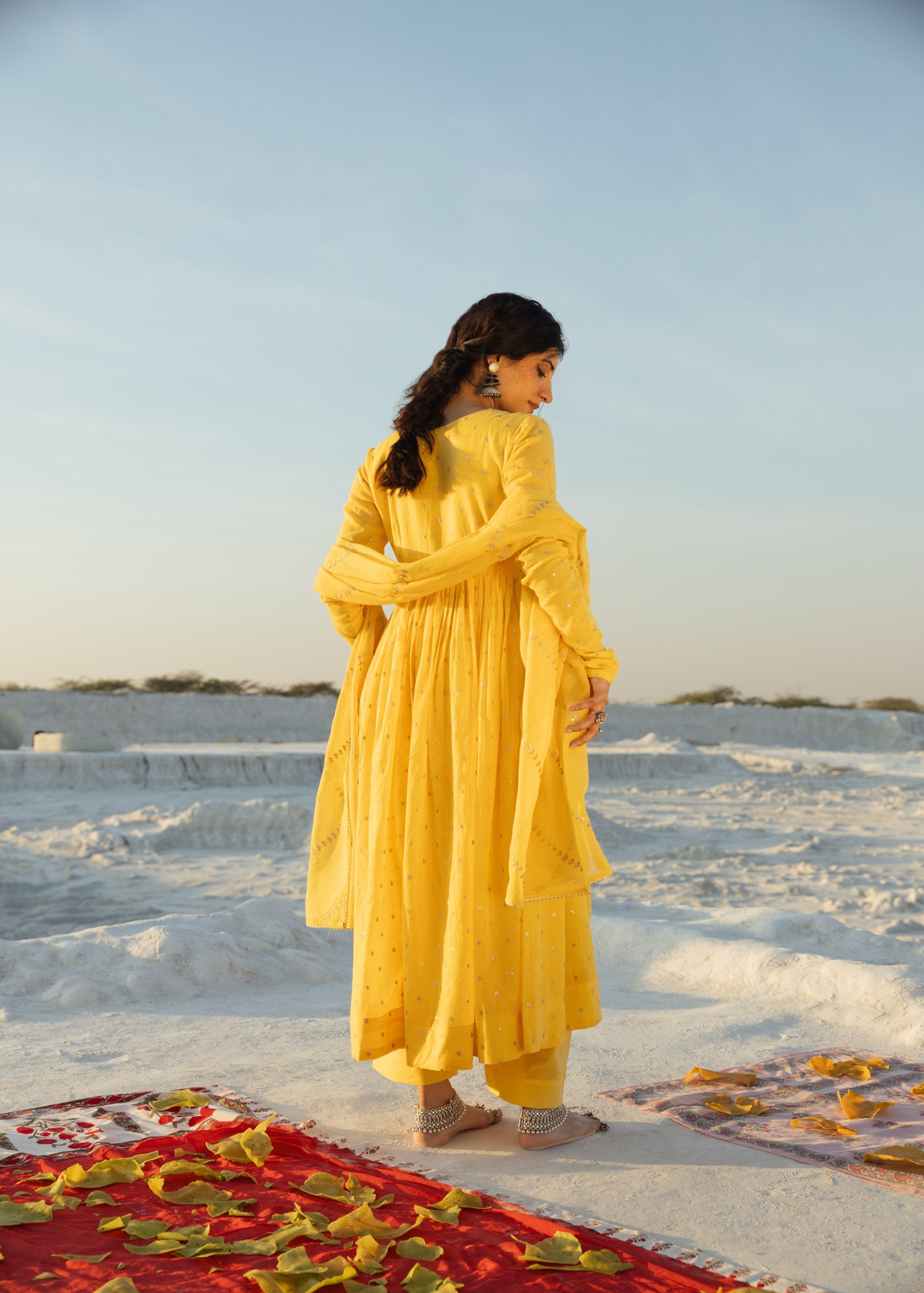 Bright Yellow Embellished Mul Cotton Anarkali Set