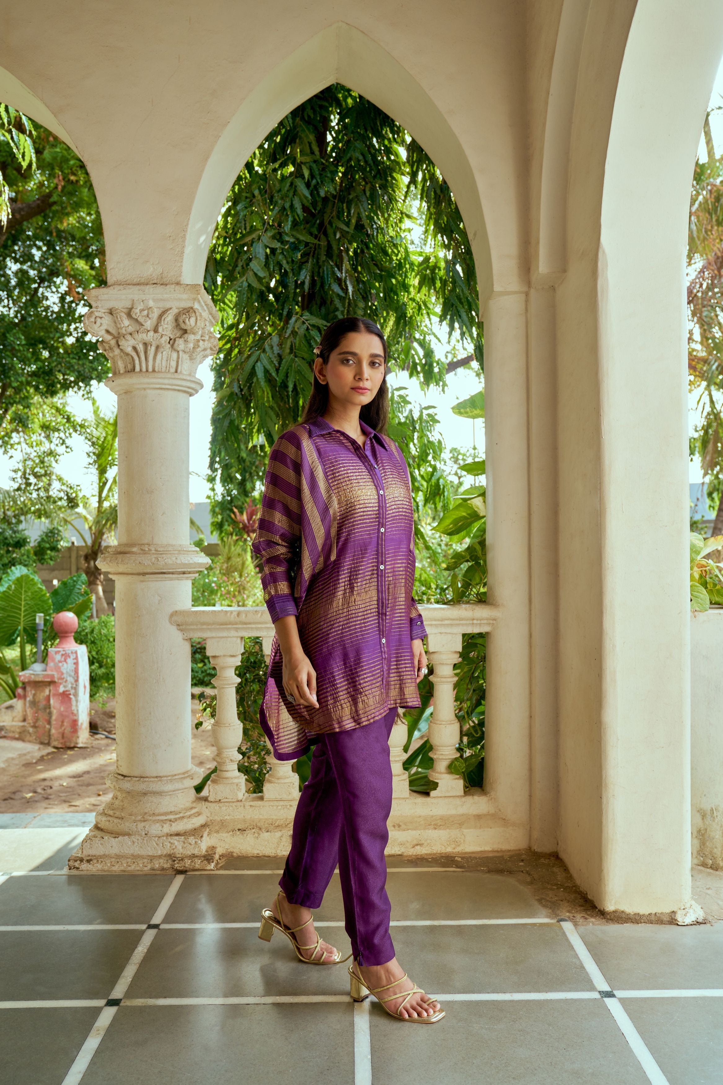 Soft Purple Printed Slub Cotton Silk Tunic Top