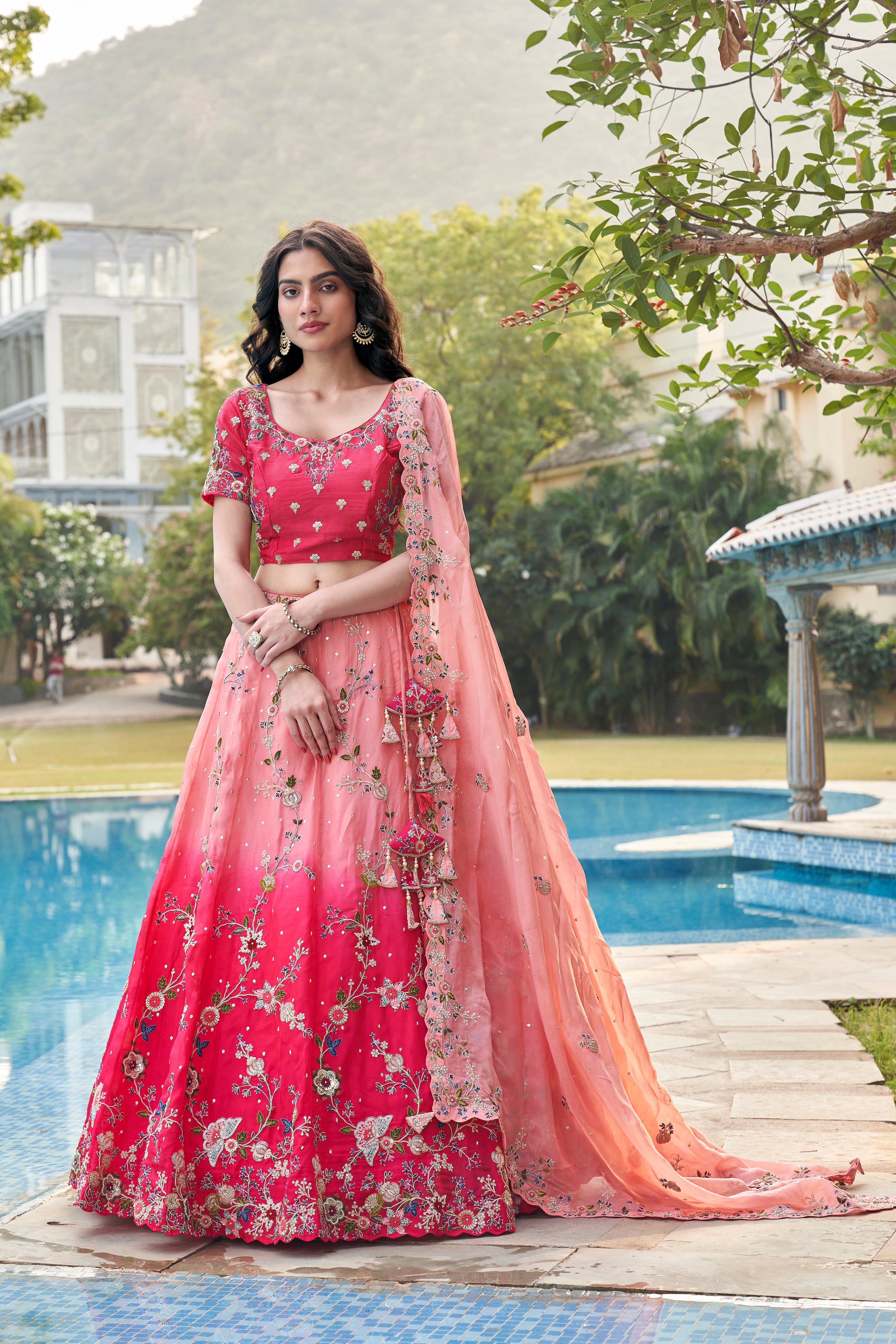Pink Peach Embellished Organza Silk Lehenga