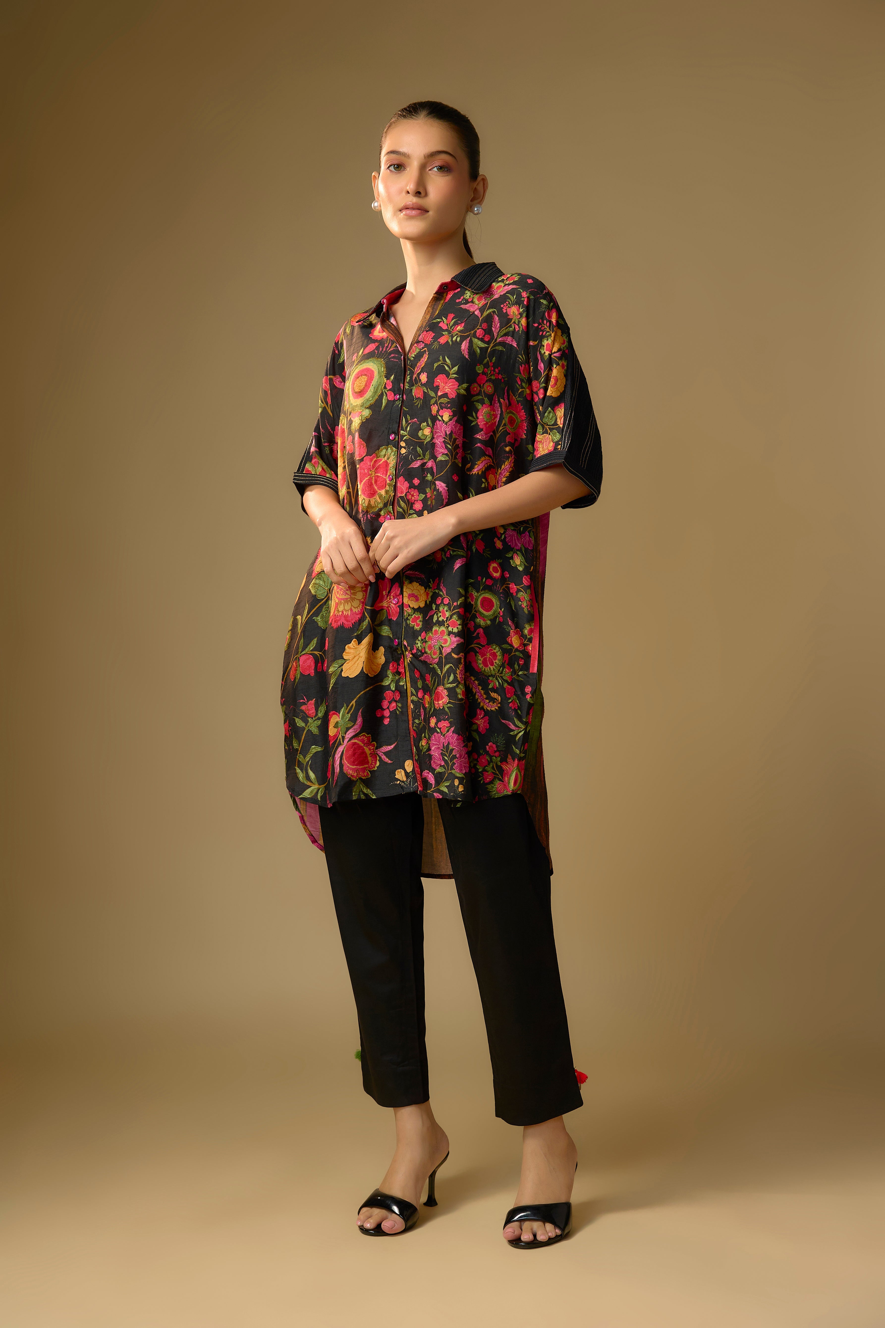 Black Printed Slub Cotton Silk Tunic Top