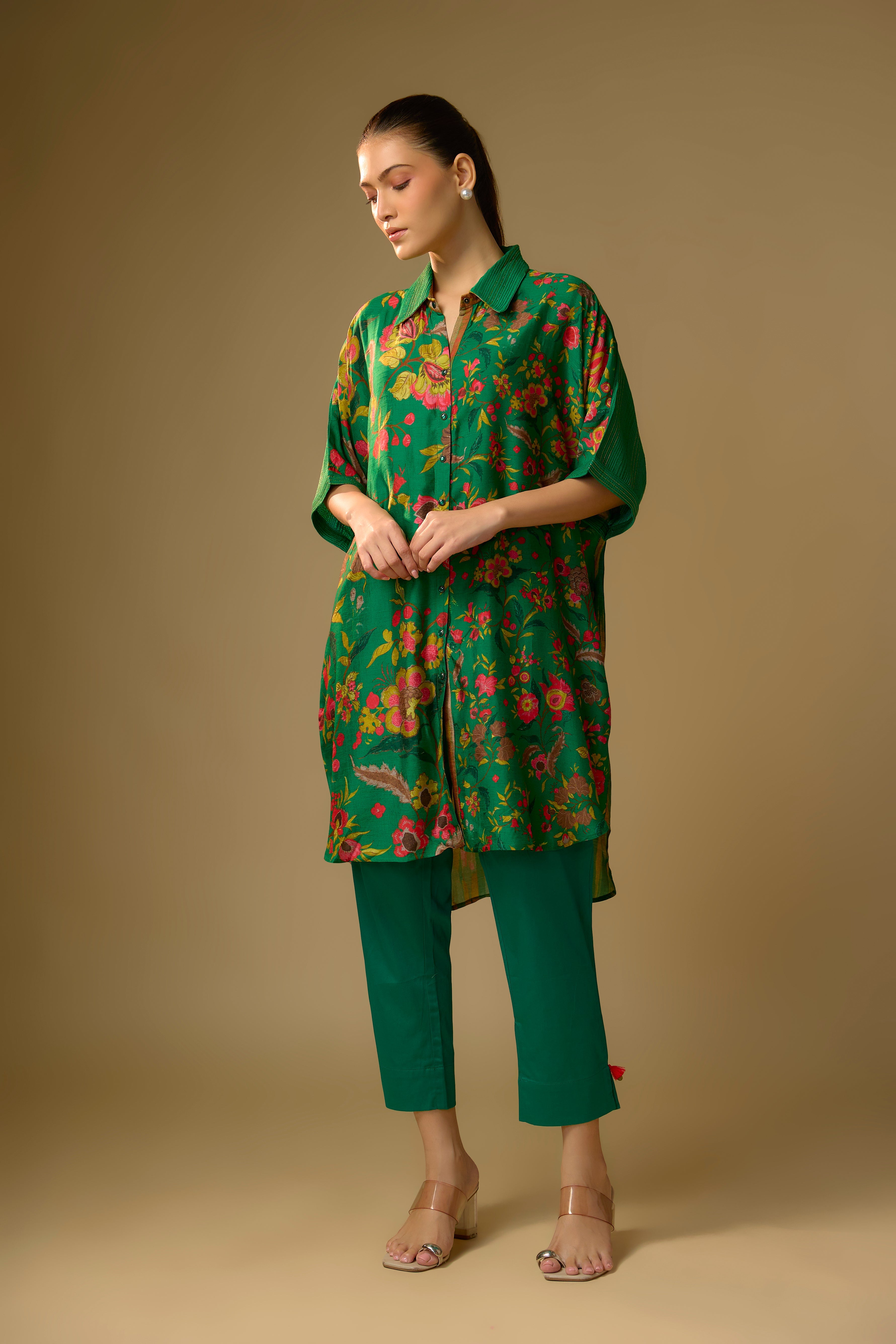 Summer Green Printed Slub Cotton Silk Tunic Top