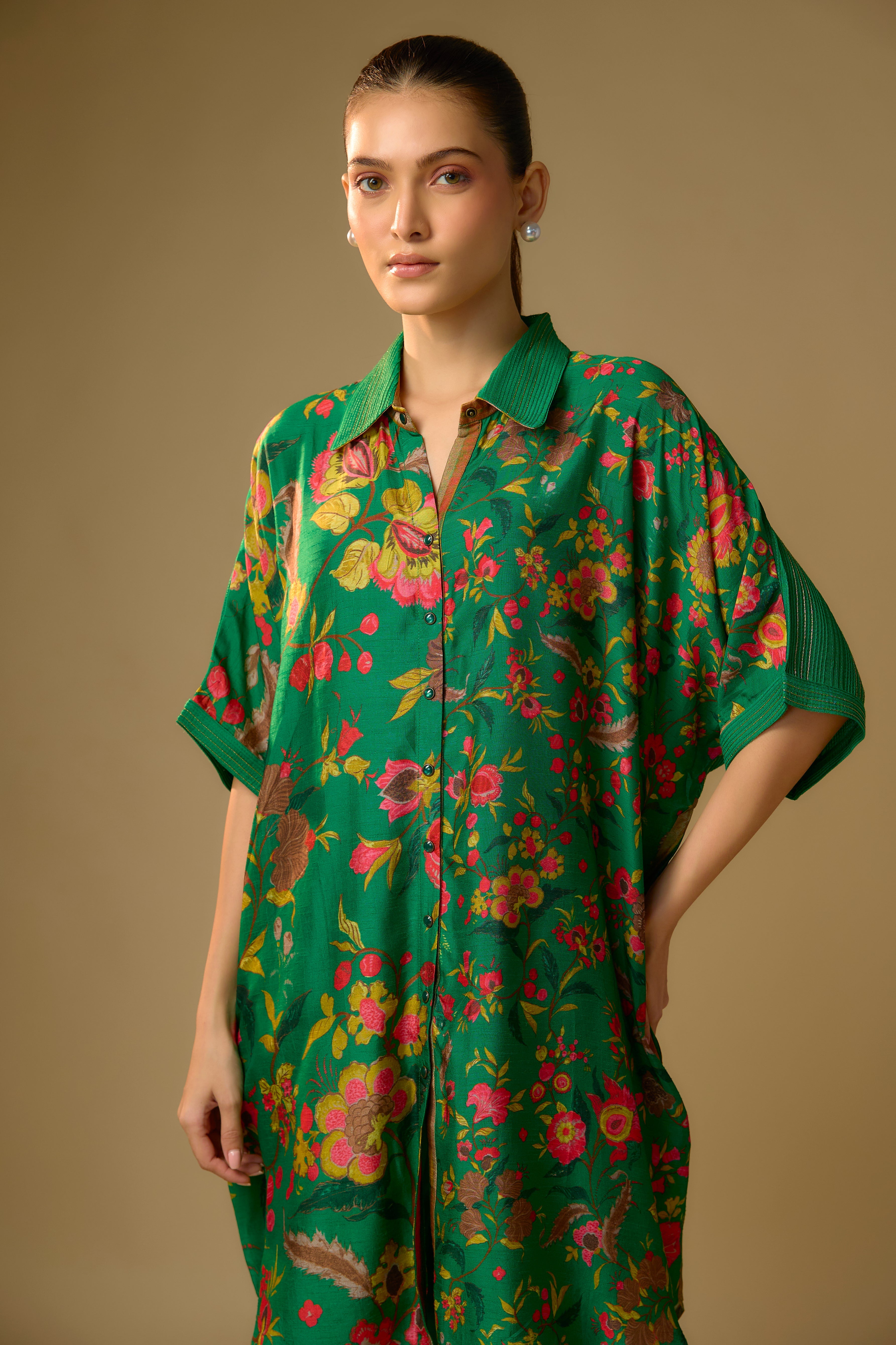 Summer Green Printed Slub Cotton Silk Tunic Top