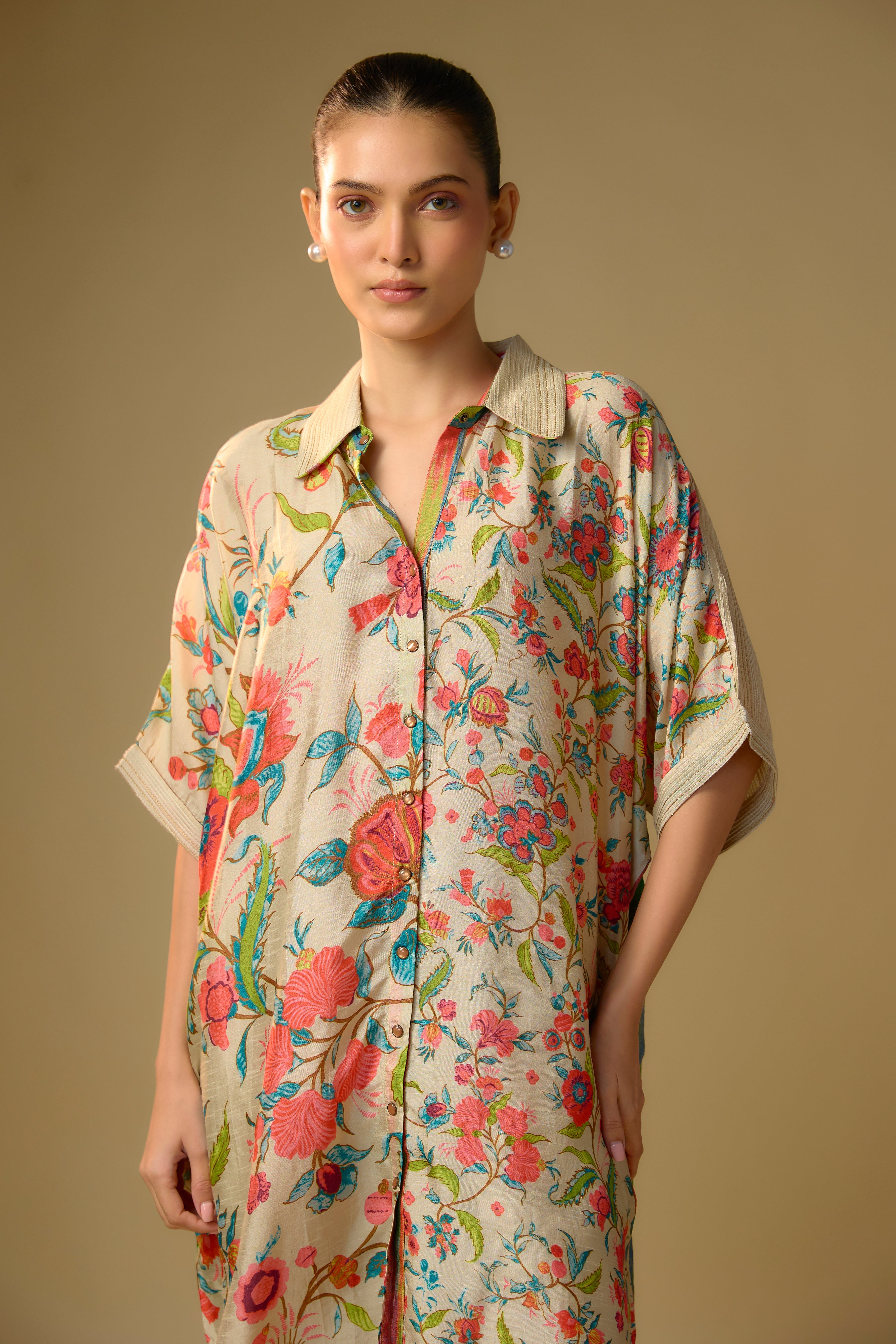 Summer Ivory Printed Slub Cotton Silk Tunic Top